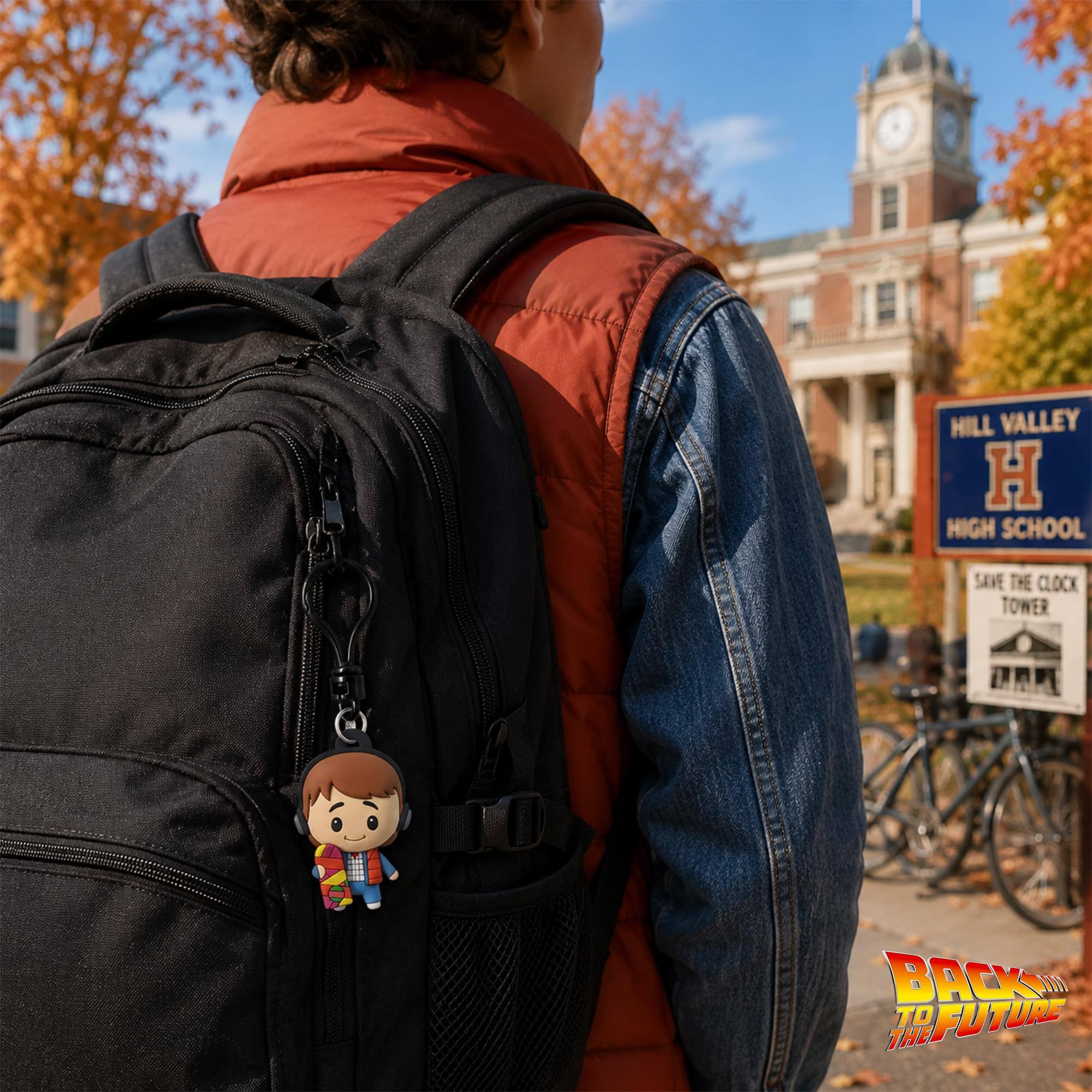 HILL VALLEY H  
HIGH SCHOOL  
SAVE THE CLOCK TOWER  
BACK TO THE FUTURE