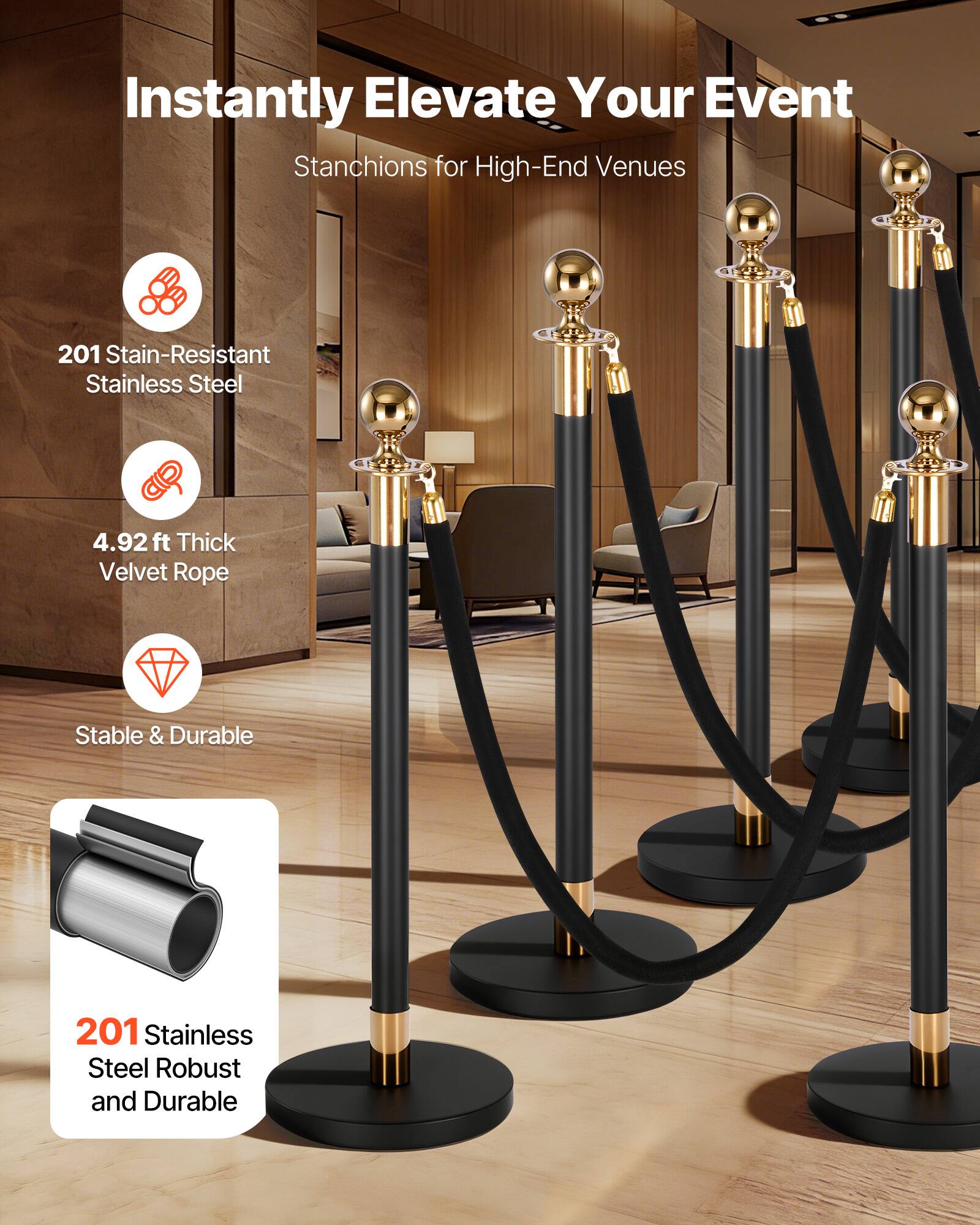 Instantly Elevate Your Event  
Stanchions for High-End Venues  

- 201 Stain-Resistant Stainless Steel  
- 4.92 ft Thick Velvet Rope  
- Stable & Durable  
- 201 Stainless Steel Robust and Durable