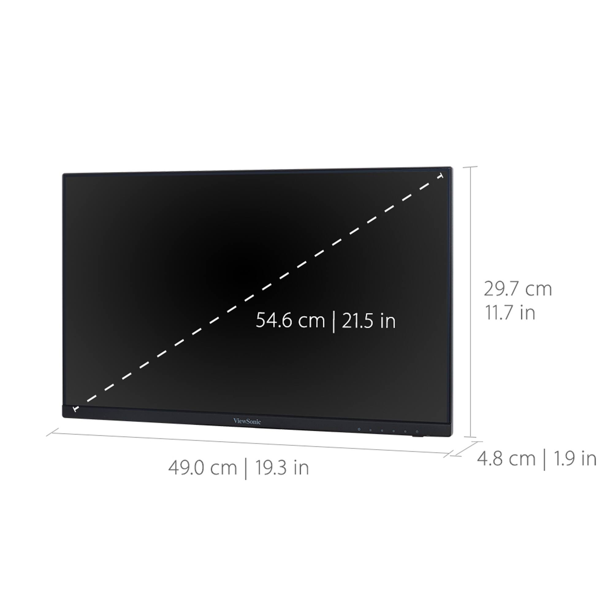 The text on the image states that the diagonal length of the screen is 54.6 cm or 21.5 inches, and the width is 29.7 cm or 11.7 inches. The brand of the screen is ViewSonic, and the height of the screen is 49.0 cm or 19.3 inches.