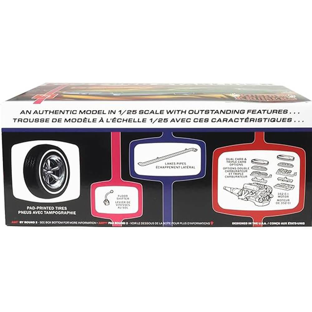 Sure, here is the corrected and grouped text:

---

**AN AUTHENTIC MODEL IN 1/25 SCALE WITH OUTSTANDING FEATURES...**  
**TROUSSE DE MODÈLE À L'ÉCHELLE 1/25 AVEC CES CARACTÉRISTIQUES...**

- **PAD-PRINTED TIRES**  
  **PNEUS AVEC TAMPOGRAPHIE**

- **LAKES PIPES**  
  **ÉCHAFFRONT LATERAL**

- **DUAL CARB & TRIPLE CARB OPTIONS**  
  **OPTIONS DOUBLE CARBURATEUR ET TRIPLE CARBURATEUR**

- **FLOOR STAND**  
  **LEVER DE SOL**

- **352 CI MOTOR**  
  **MOTEUR DE 352 CI**

- **FOR MORE INFORMATION**  
  **VOIR LE DESSOUS DE LA BOITE POUR PLUS D'INFORMATIONS**

- **DESIGNED IN THE U.S.A.**  
  **CONÇU AUX ÉTATS-UNIS**

---

This text is grouped and corrected to match the information on the image.