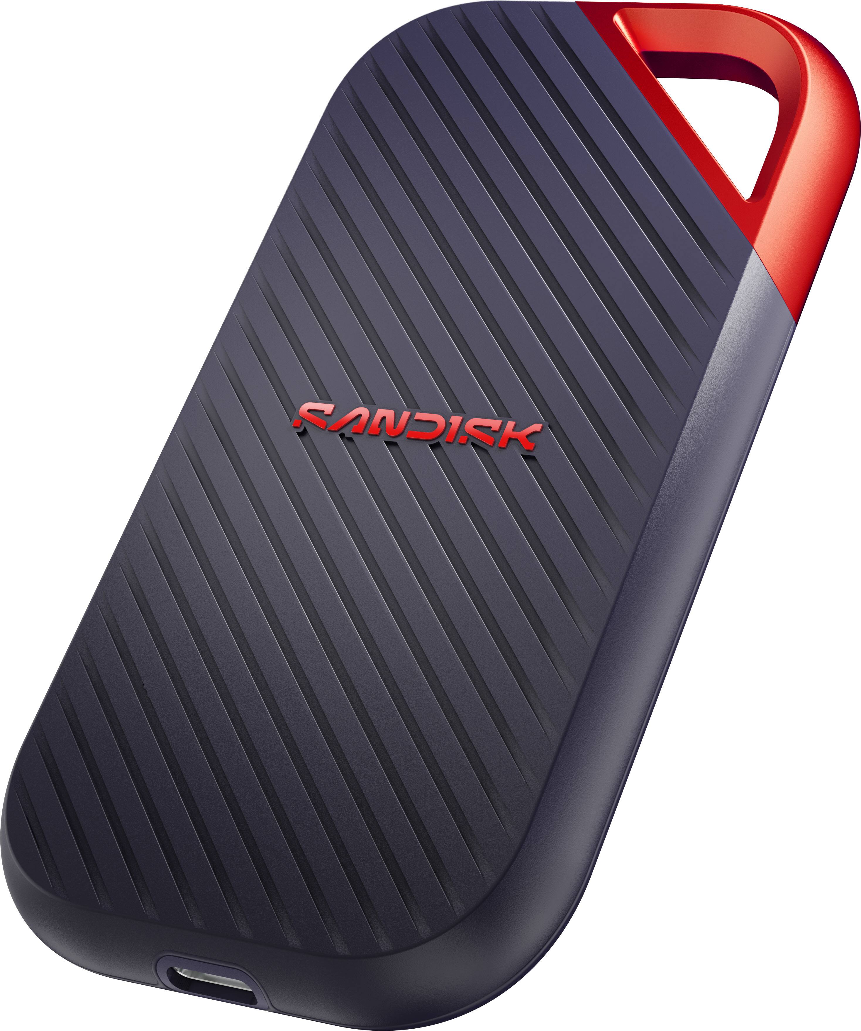 Left. SANDISK - 2TB Extreme PRO Portable SSD USB Type-C, USB4, up to 4000/3800 MBs R/W speeds, IP65 and up to 3-meter drop resistance - Black.