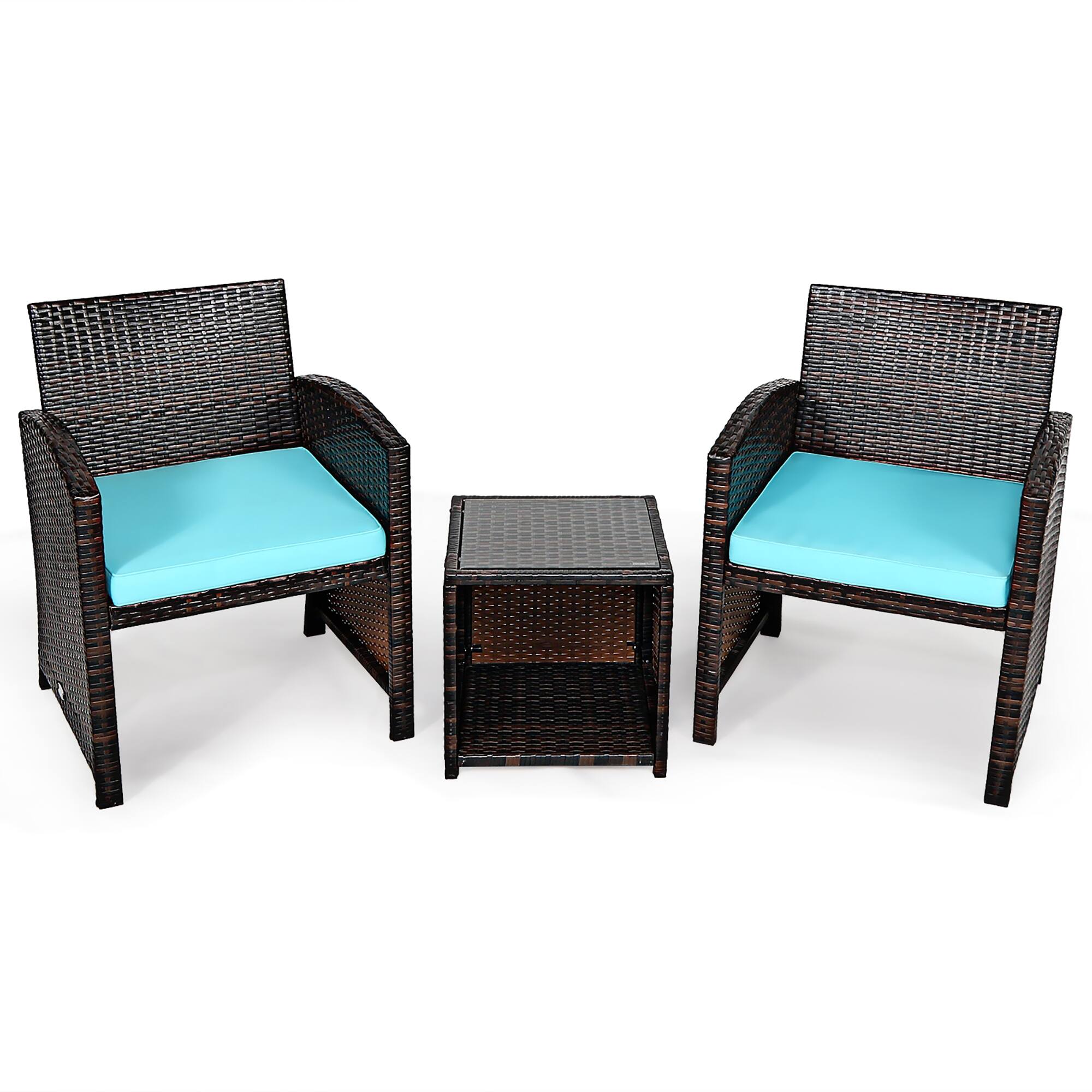 Back. Costway - 3PCS Patio Rattan Wicker Furniture Cushion Sofa Coffee Table - Turquoise,Mix brown.