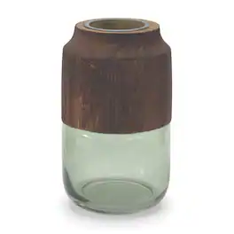 BreeBe - Sage Glass Vase with Wood Accent 9"H - Green, Brown