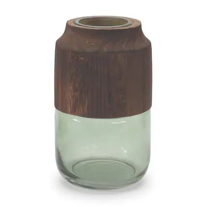 Front. BreeBe - Sage Glass Vase with Wood Accent 9"H - Green, Brown.