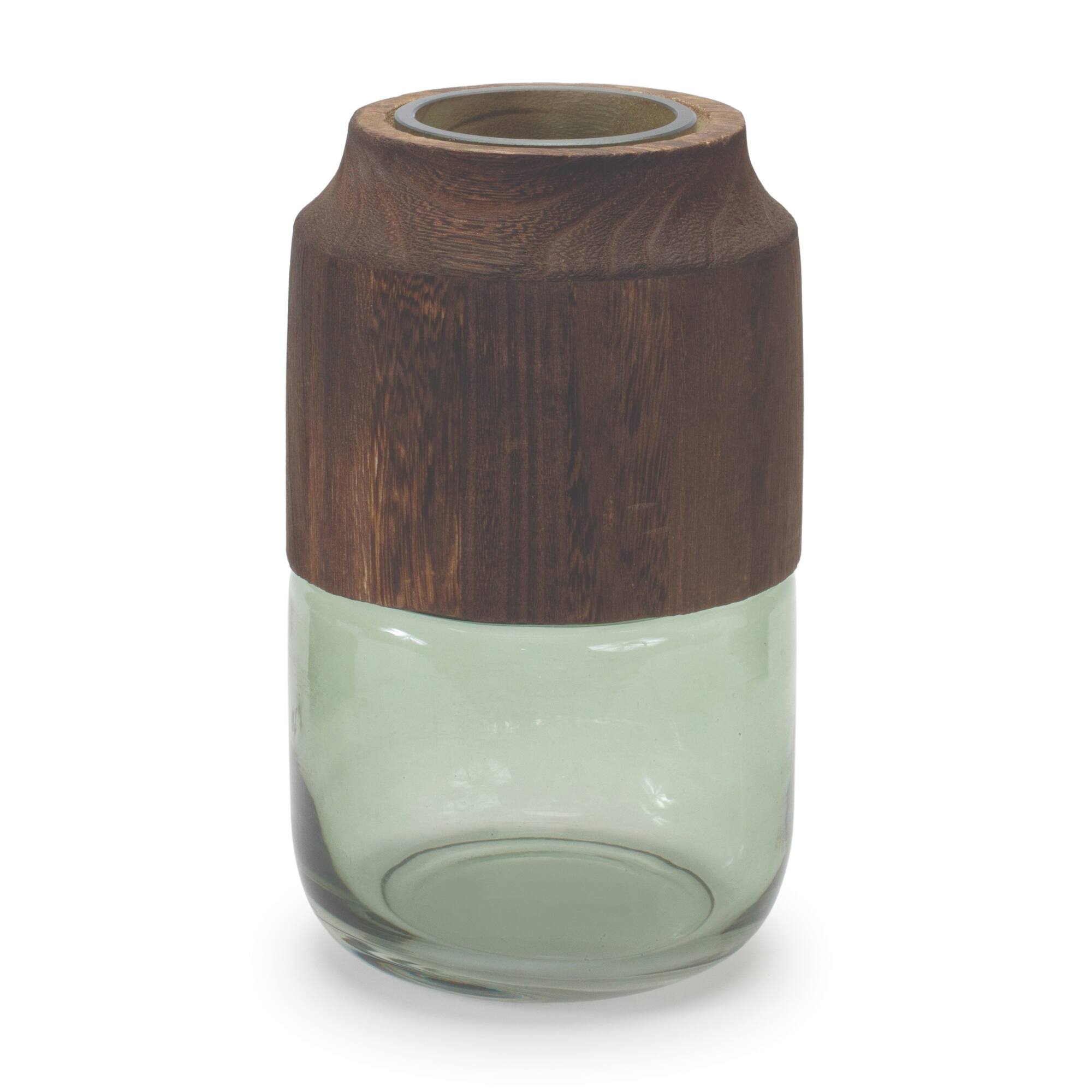 Front. BreeBe - Sage Glass Vase with Wood Accent 9"H - Green, Brown.