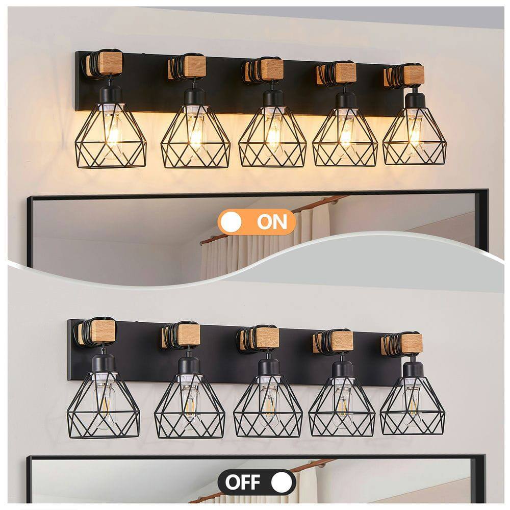 Alt View 2. Kadyn - 31" Modern Geometric 5-Light Vanity Light Fixture with Black Metal, Wooden Accents and Cage Lampshade, Black - Black.