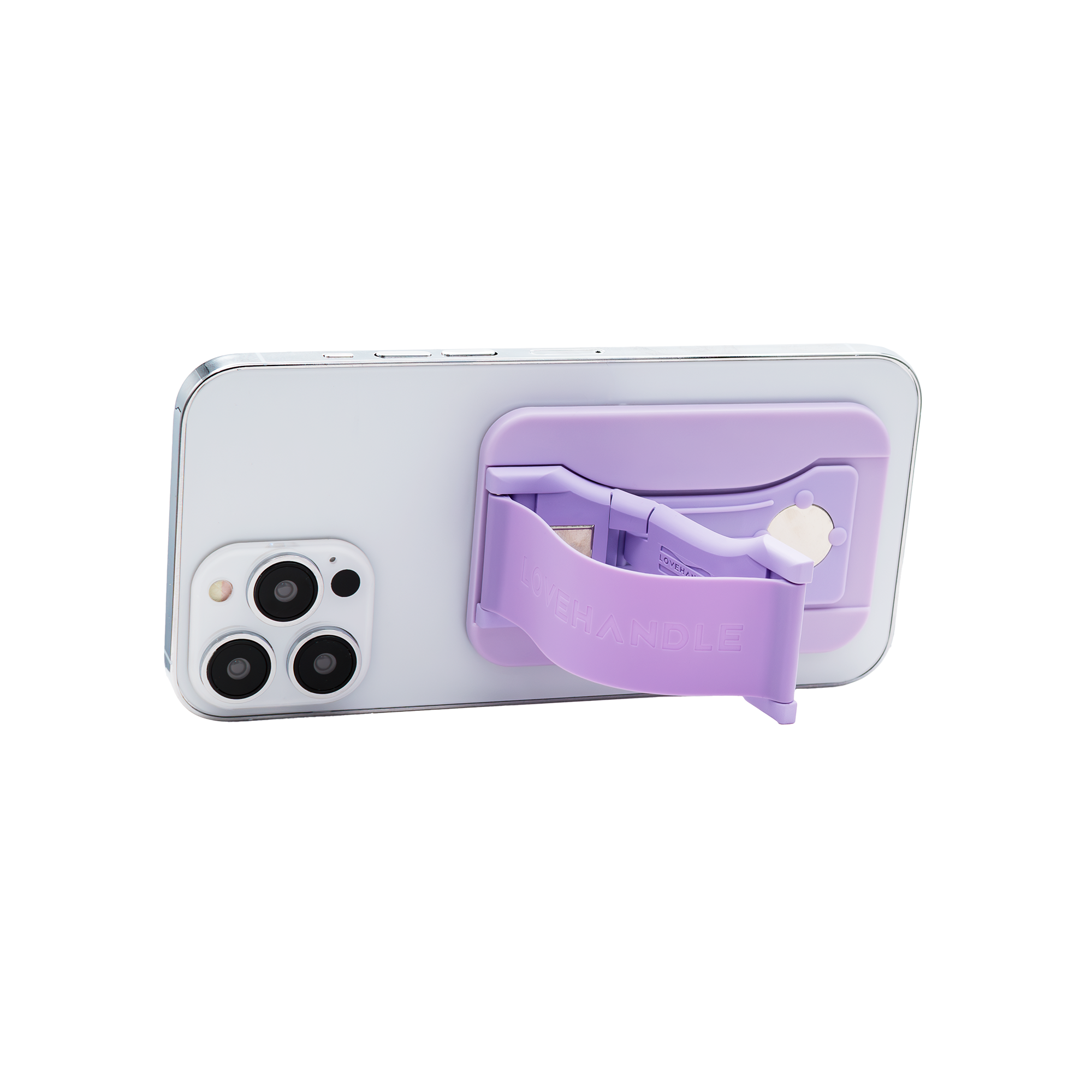 The image features a purple and white device, possibly a phone case or a camera, with a handle on the back. The handle is designed to provide a comfortable grip and make it easier to hold the device. The handle is attached to the device, and the overall design appears to be ergonomic and functional.