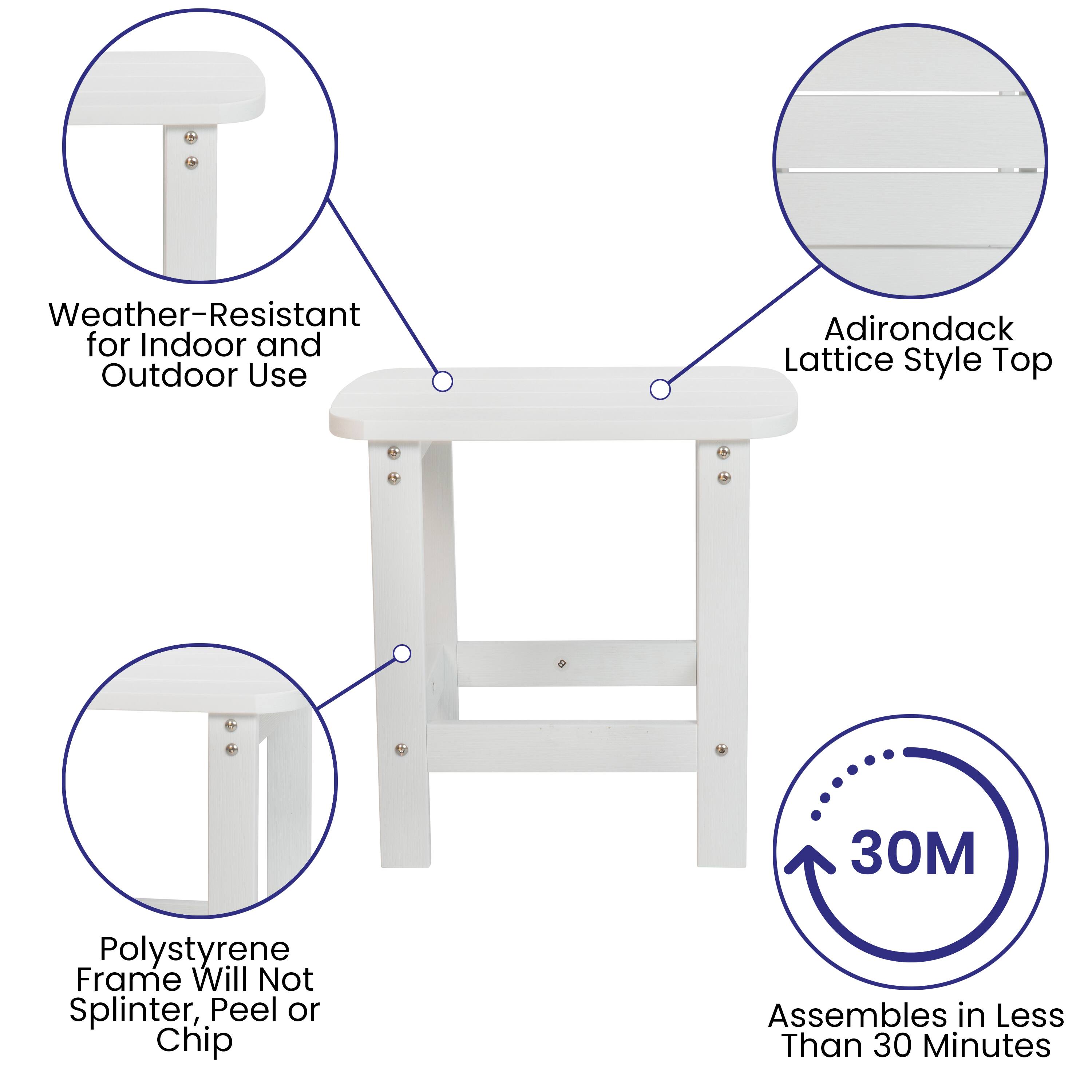 Weather-Resistant for Indoor and Outdoor Use  
Adirondack Lattice Style Top  
30M Polystyrene Frame Will Not Splinter, Peel or Chip  
Assembles in Less Than 30 Minutes