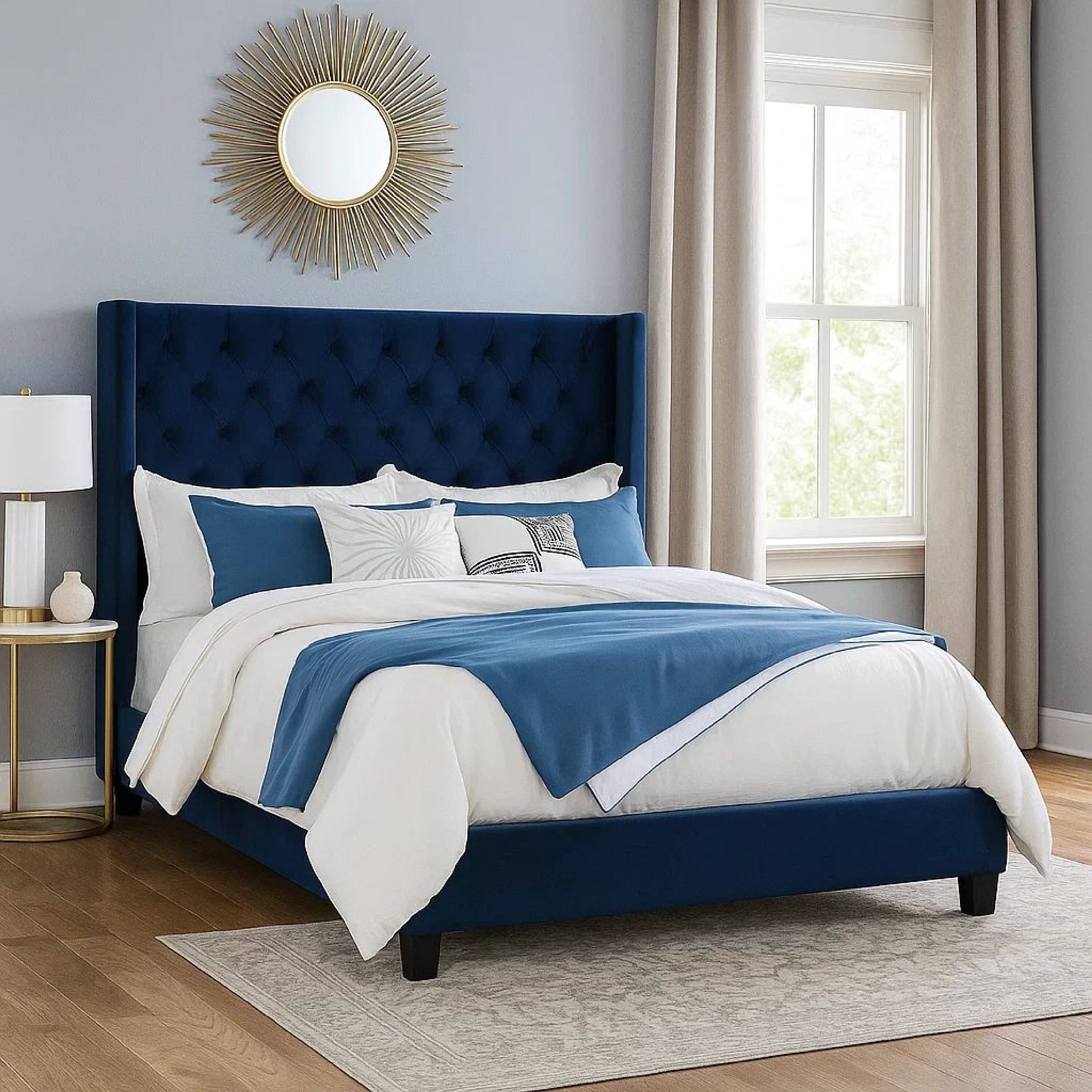 Alt View 5. Manhattan Lane - Hiu Queen Size Bed, Wingback Headboard, Navy Blue Velvet Like Upholstery - Navy Blue.