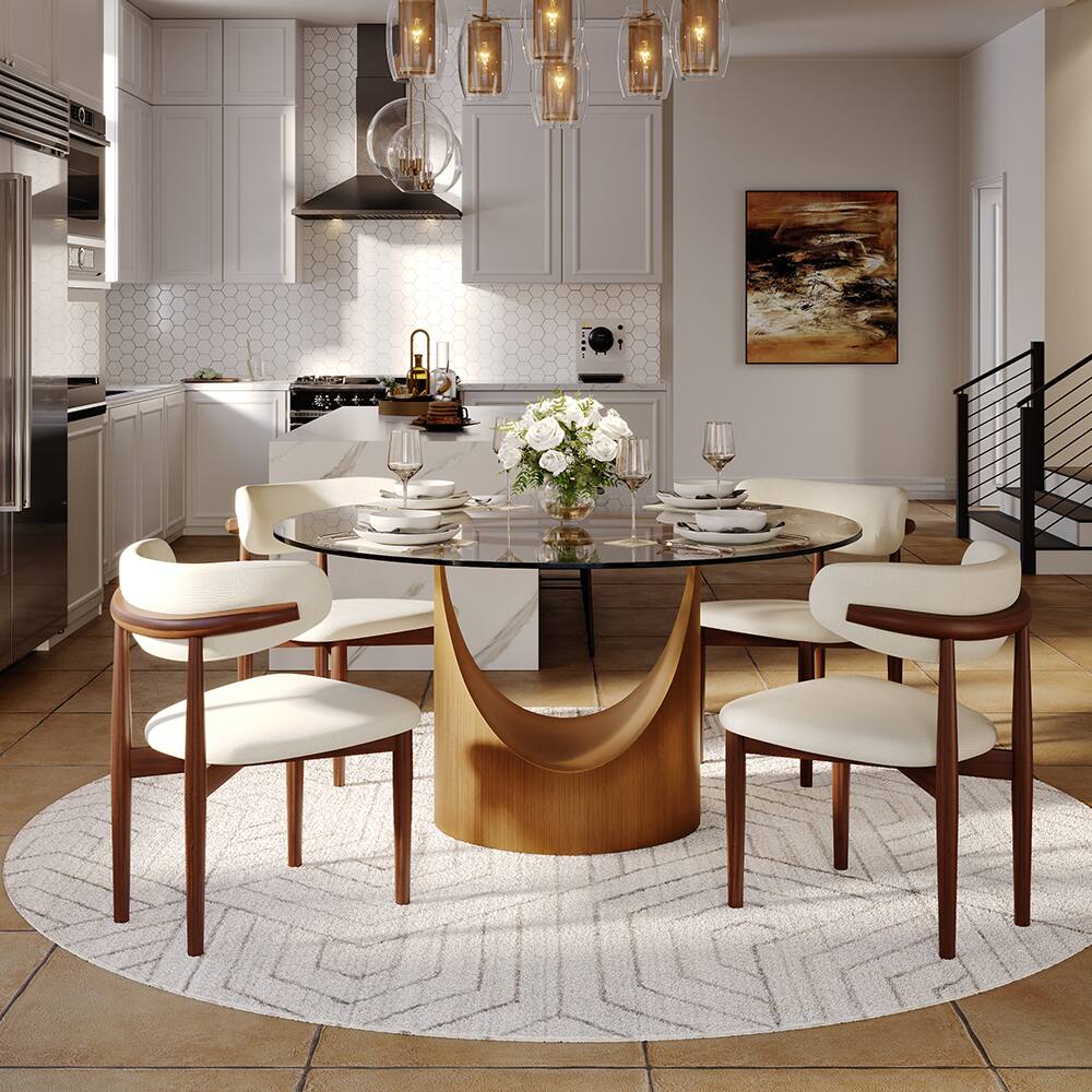 Angle. POVISON - 51" Round Dining Table Clear Tempered Glass with Bronze U-shaped Steel Base - Clear Tempered Glass with Bronze Steel Base.