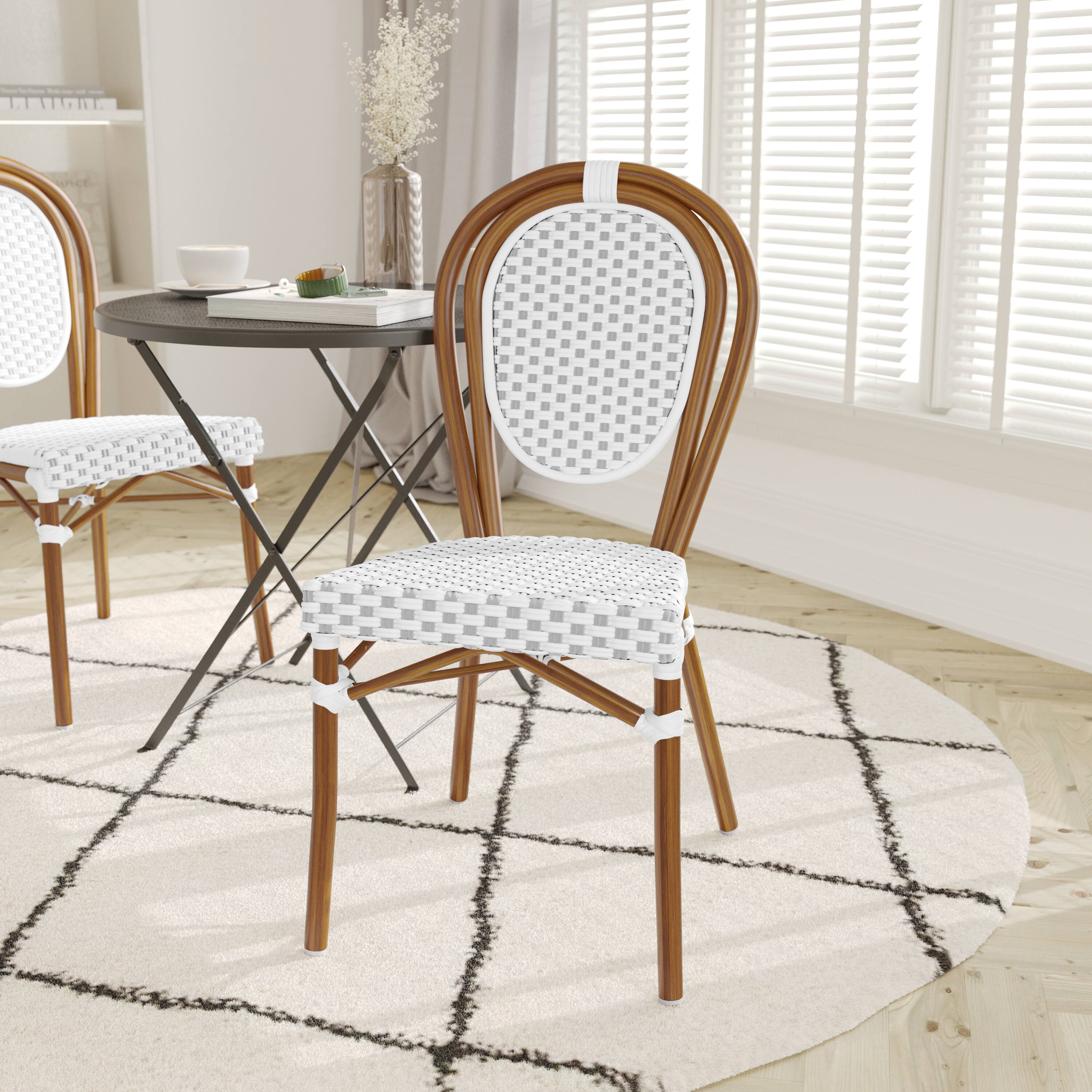 Alt View 1. Emma + Oliver - Colmar Indoor/Outdoor Stacking Thonet Bistro Style Chair with PE Rattan Seat and Metal Frame - White & Gray/Natural Frame.