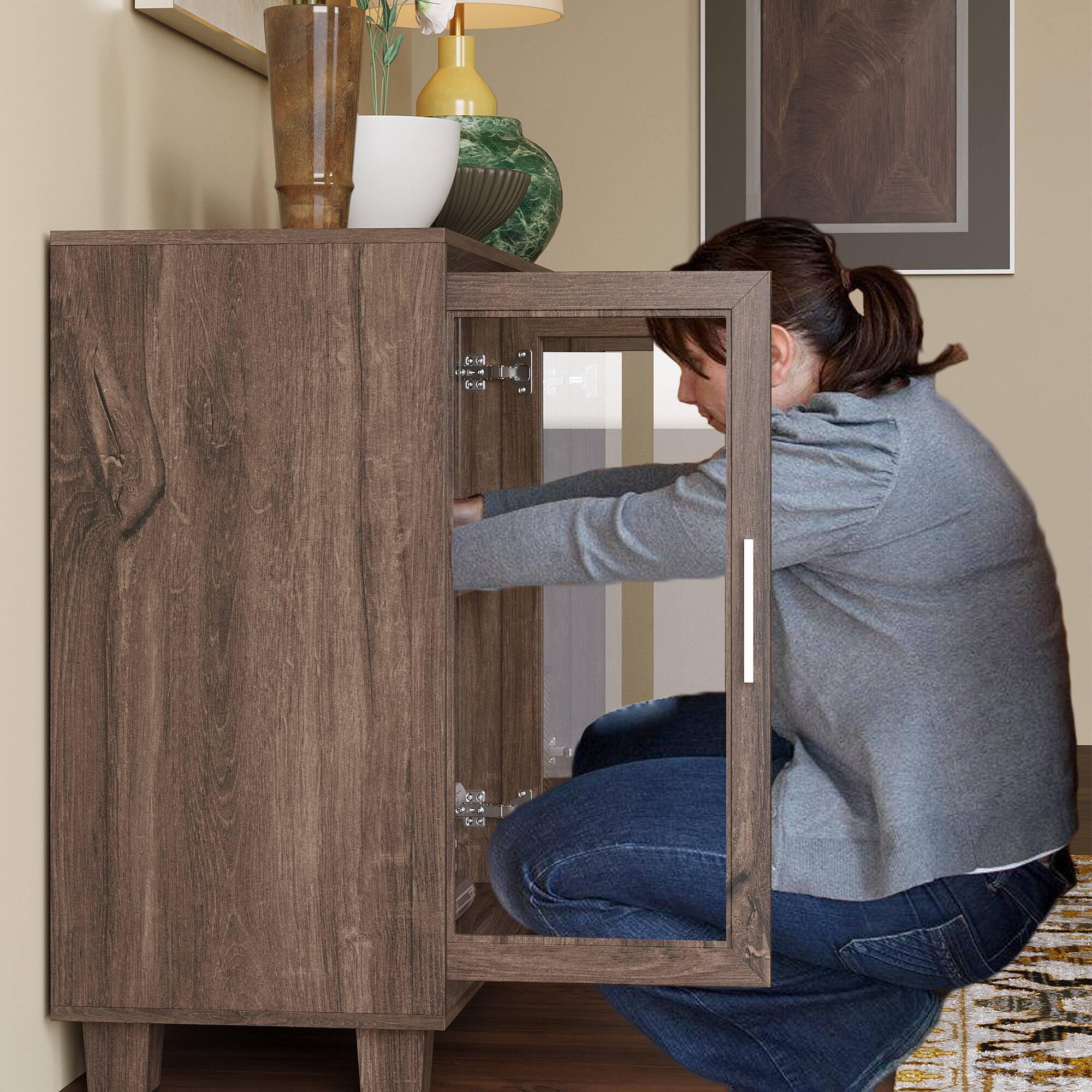 Alt View 6. Famapy - Famapy Wooden Glass - Door Storage Cabinet: Multi - Scenario Elegance & Practicality - Brown.