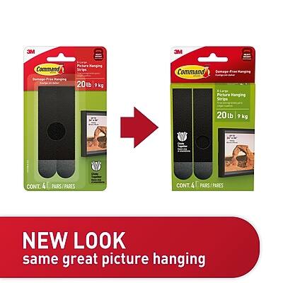 MC 3M Command Damage-Free Manging Strips 20 lb 9 kg Command Damage-Free Manging A-Large Picture Hanging Strips 20 lb 9 kg CONT. 4 PAIRS I PARES CONT. 4 PAIRS I PARES NEW LOOK same great picture hanging