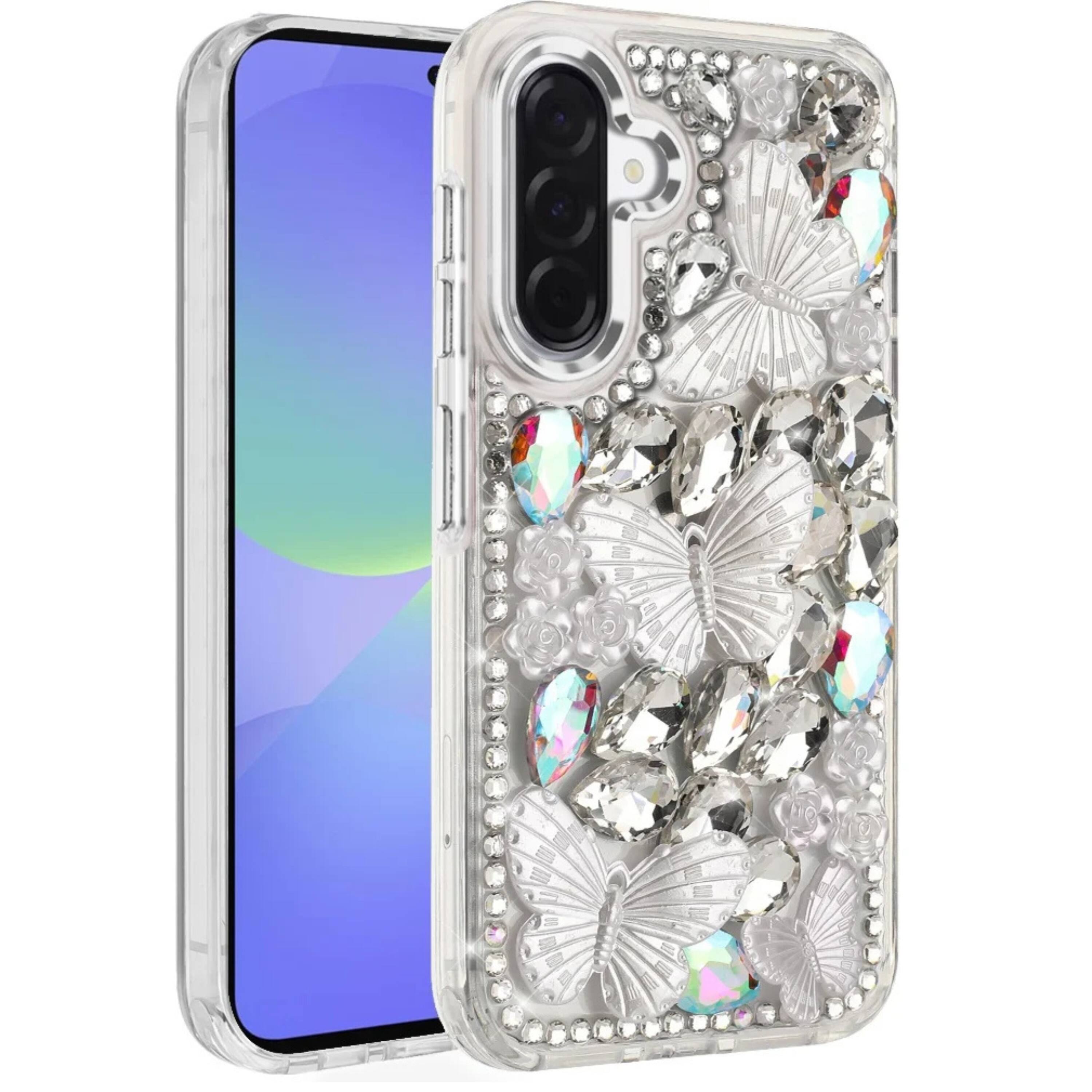 Front. Kitcheniva - Bling Diamond Large Butterfly Phone Case With Tempered Glass For Samsung A37 5G Silver - Silver.
