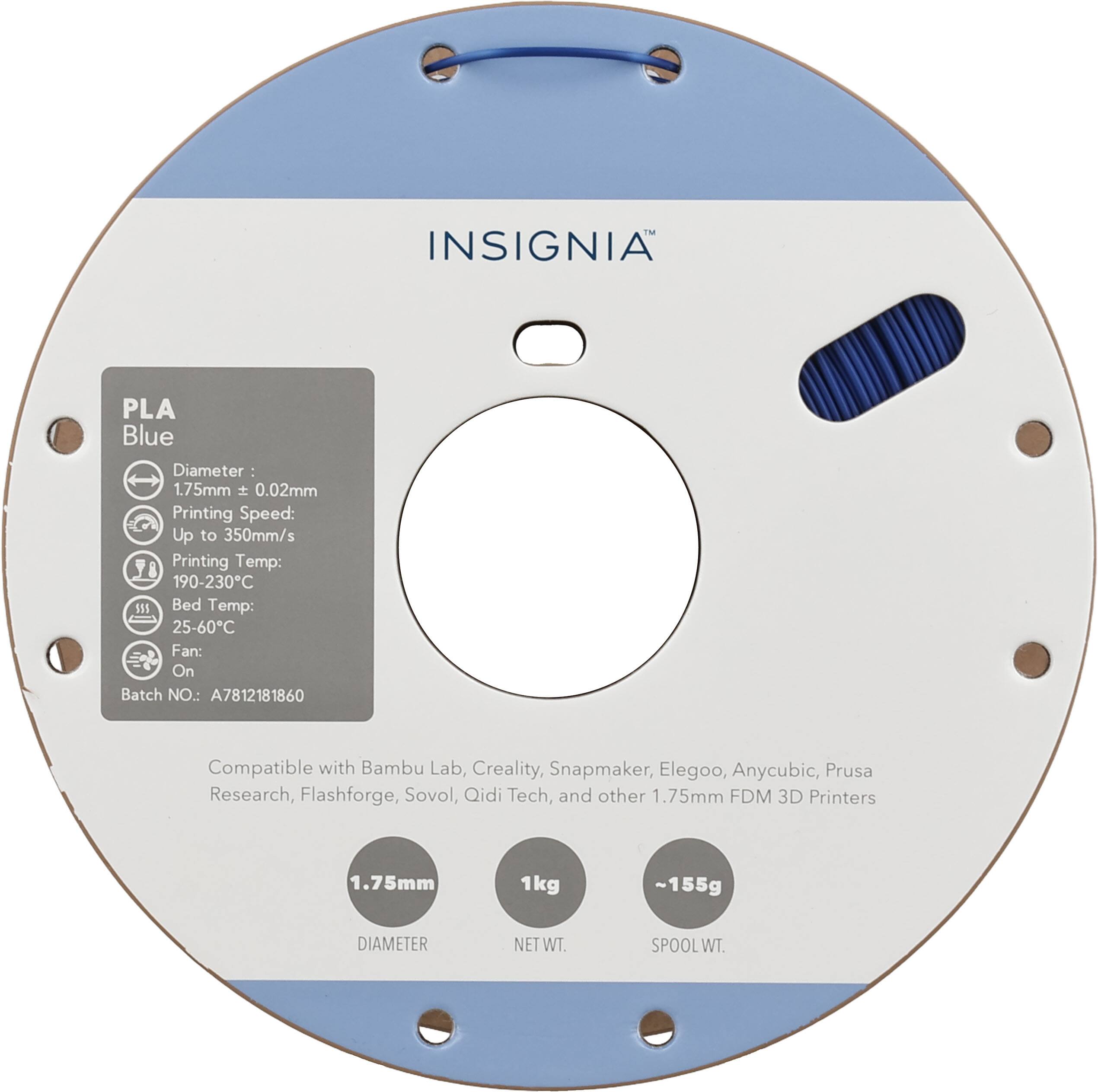 IM INSIGNIA PLA Blue  
Diameter: 1.75mm ± 0.02mm  
Printing Speed: Up to 350mm/s  
Printing Temp: 190-230°C  
Bed Temp: 25-60°C  
Fan: On  
Batch NO.: A7812181860  

Compatible with Bambu Lab, Creality, Snapmaker, Elegoo, Anycubic, Prusa Research, Flashforge, Sovol, Qidi Tech, and other 1.75mm FDM 3D Printers  

1.75mm  
DIAMETER  
NET WT. 1kg  
SPOOL WT. ~155g