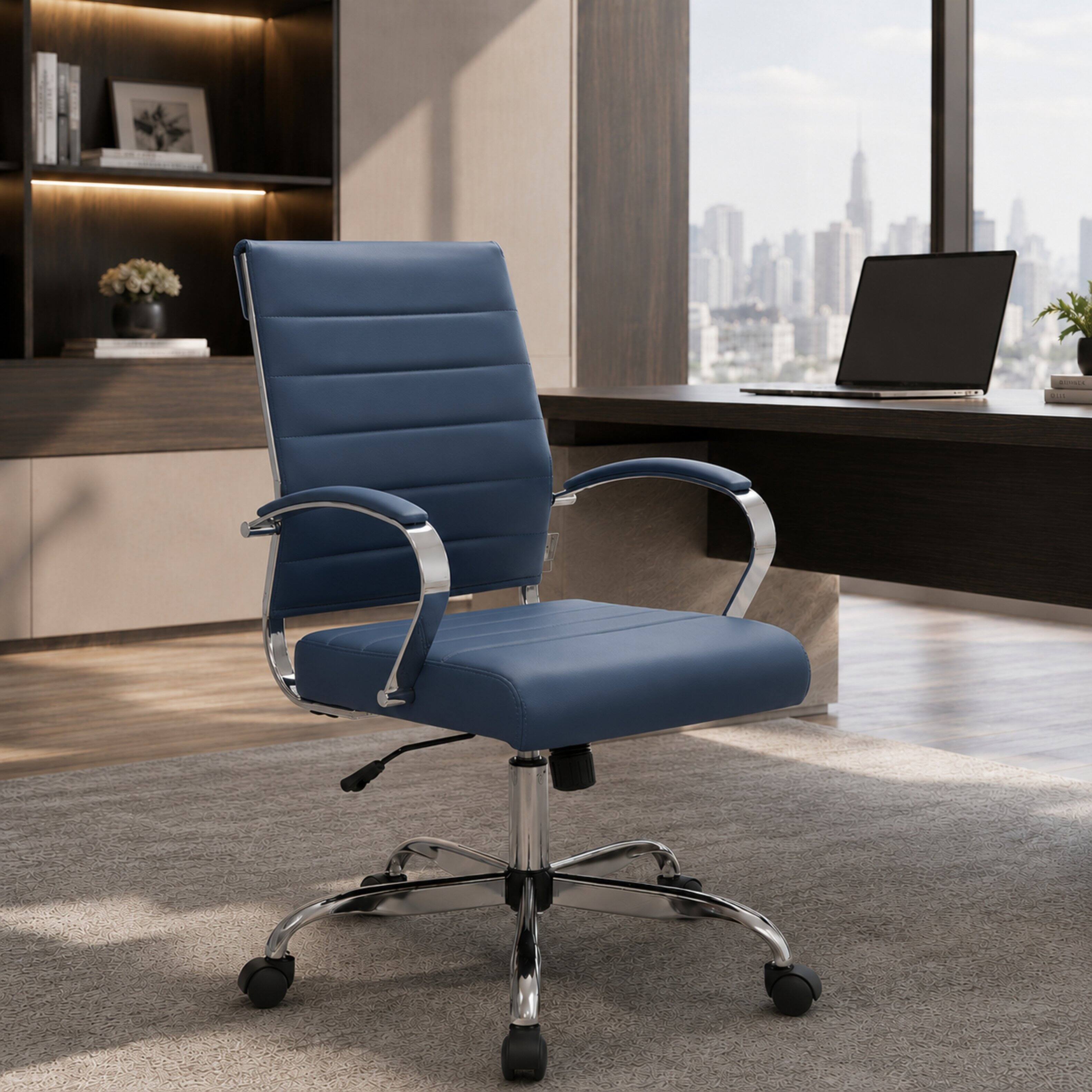 Alt View 3. LeisureMod - Benmar Modern Ergonomic Ribbed Leather Office Desk Chair, Steel Frame, Computer Chair for Home Office & Workspace Use - Navy Blue.