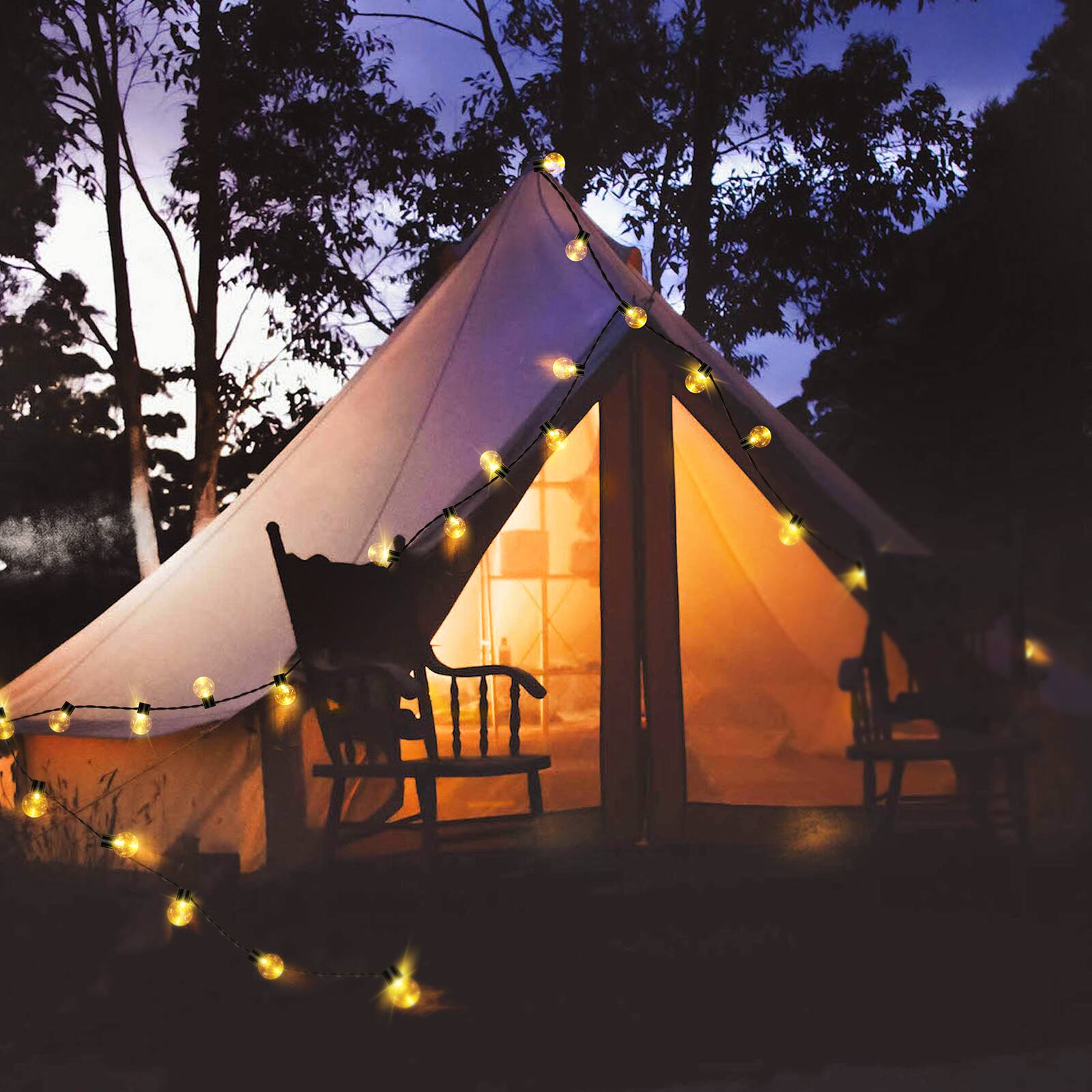 Back. Oumilen - 11.48FT Solar Warm White Globe String Lights – IP65 Waterproof Built-in Hook Clear Bulb LED Bistro for Patio RV Camping.