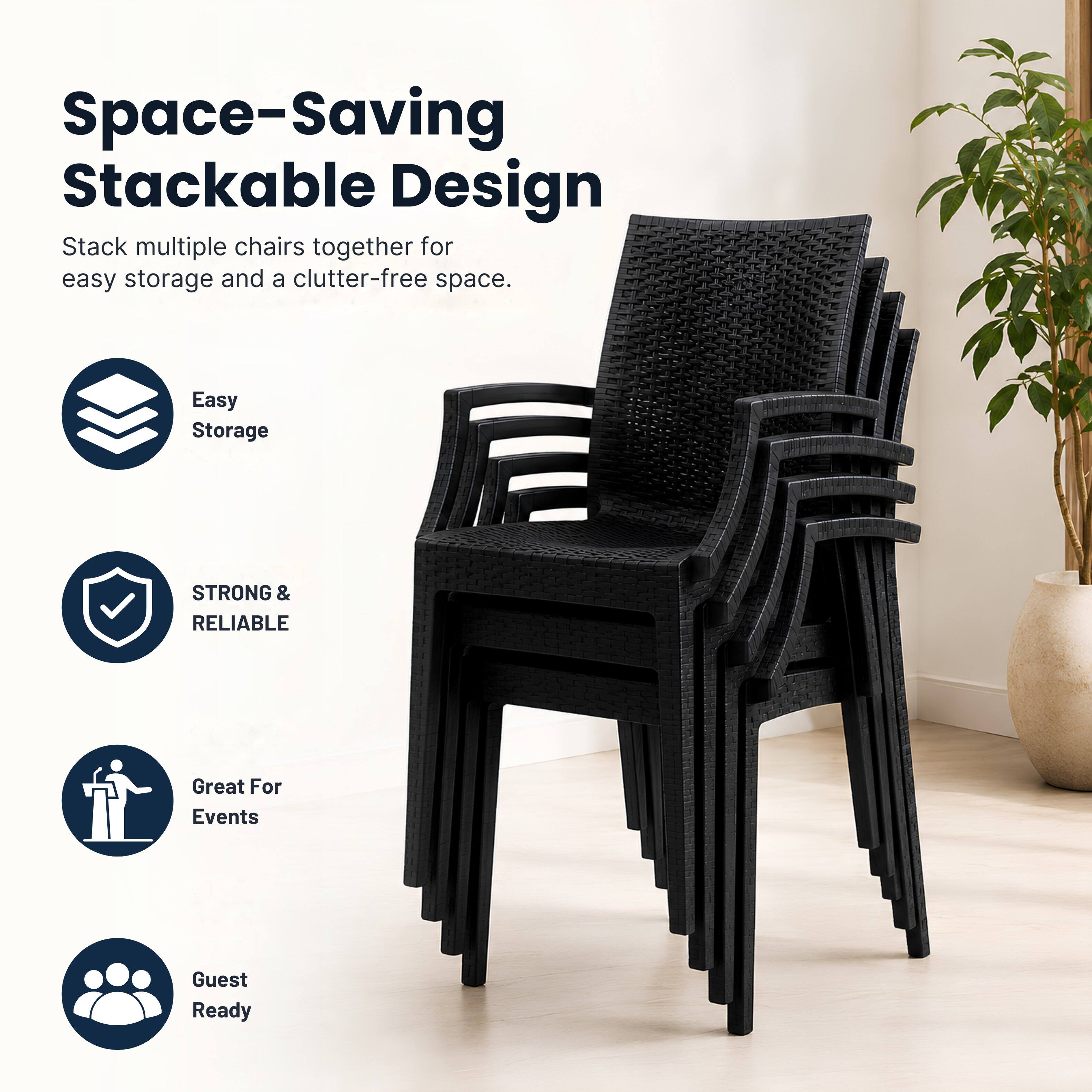 Space-Saving Stackable Design  
Stack multiple chairs together for easy storage and a clutter-free space.

Easy Storage  
STRONG & RELIABLE  
Great For Events  
Guest Ready