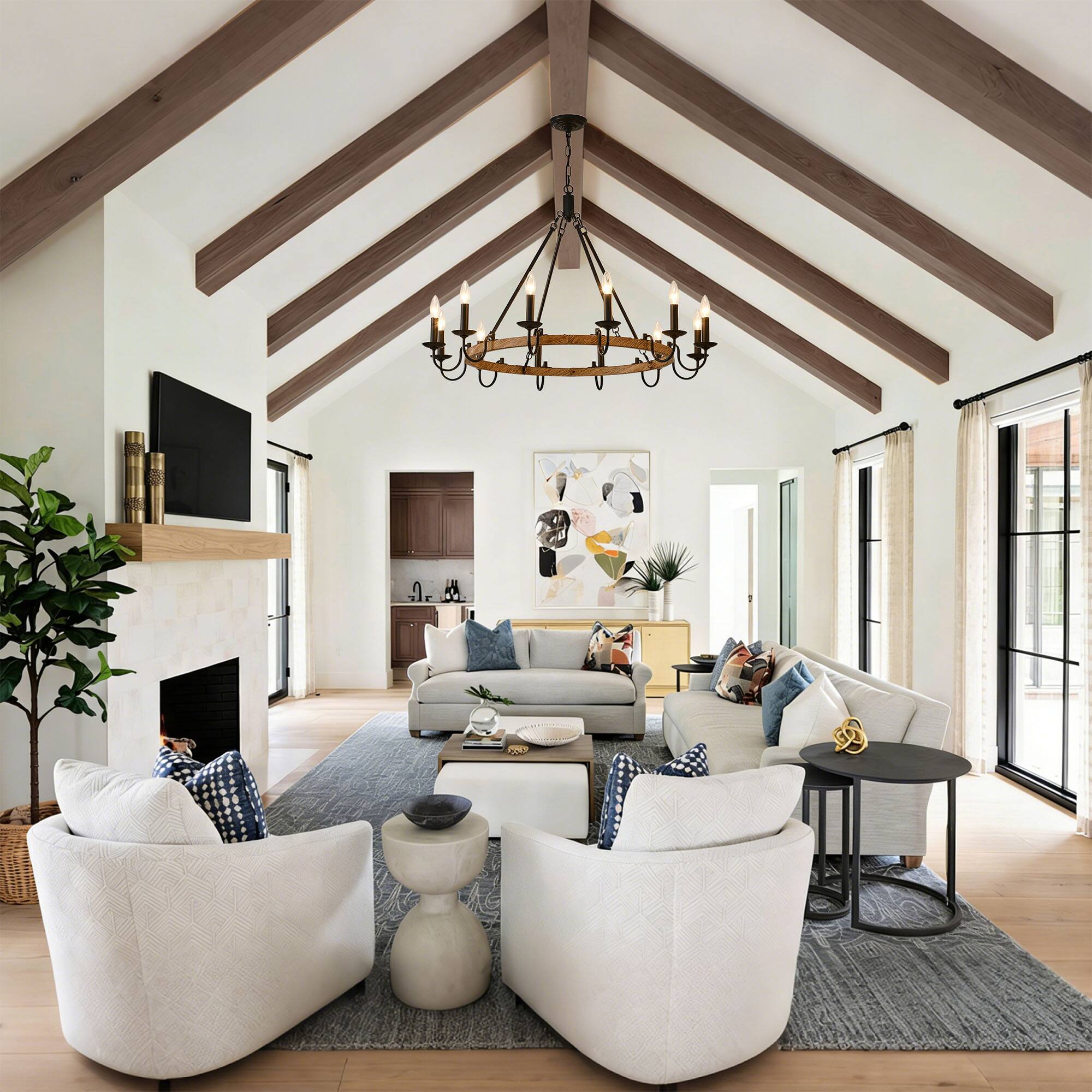 Angle. RYHNUYNE - BAOURE 12-Light Rustic Wagon Wheel Chandelier,Farmhouse Dining Room Light Fixture,Round Wood Chandelier for Living Room - Black.