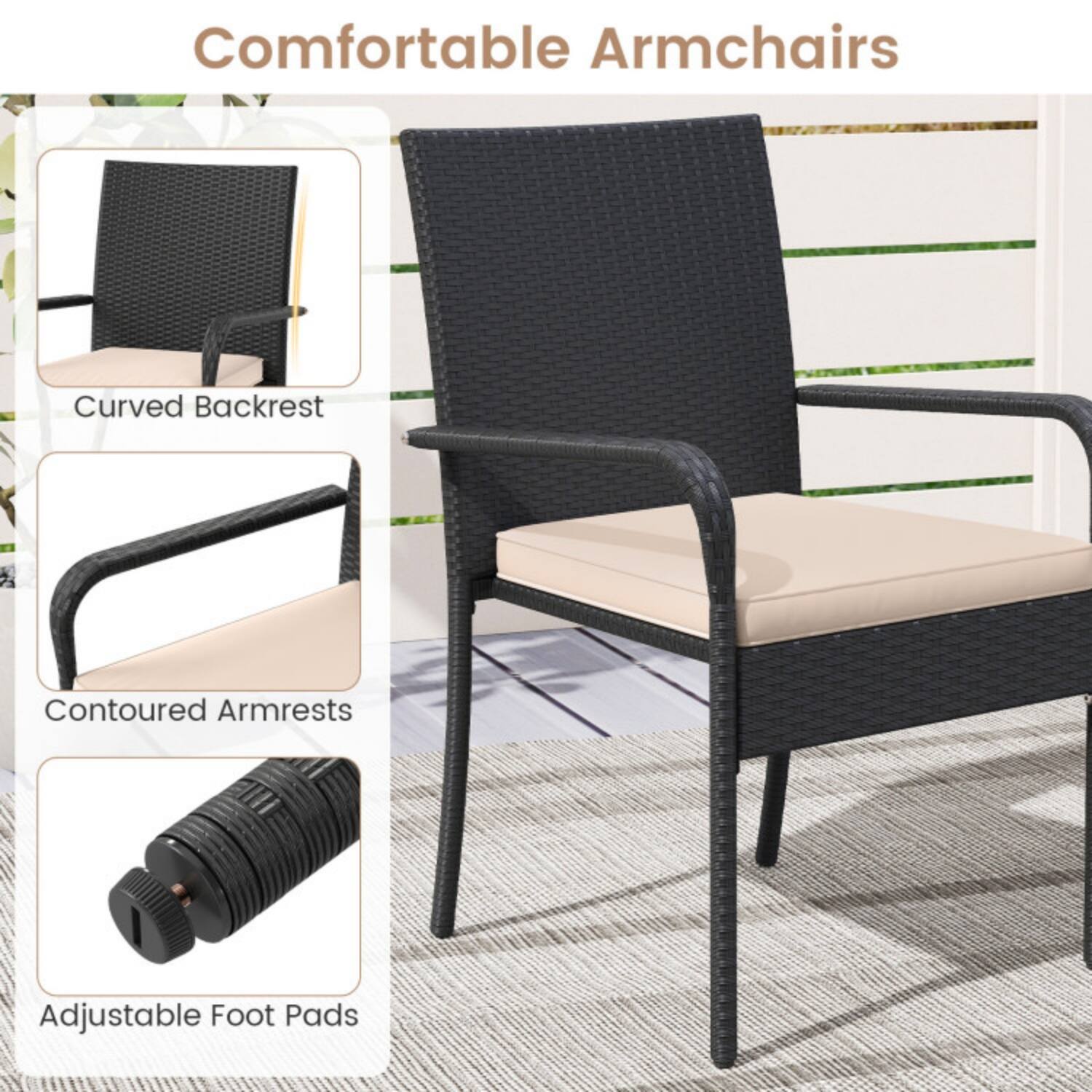 Comfortable Armchairs  
Curved Backrest  
Contoured Armrests  
Adjustable Foot Pads