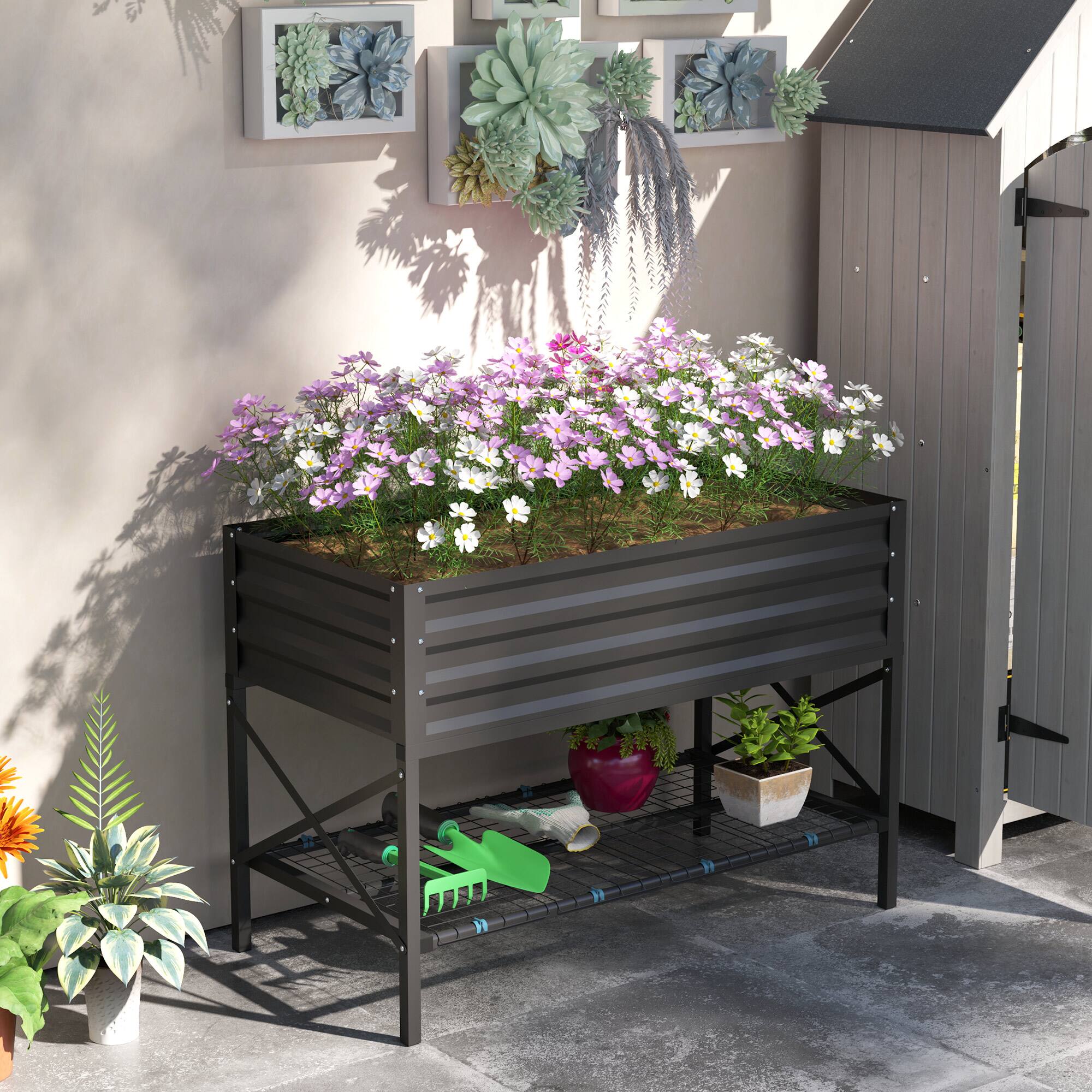 Alt View 1. Outsunny - Raised Garden Bed, Metal Planter Box with Legs, Storage Shelf and Bed Liner - Dark Gray.