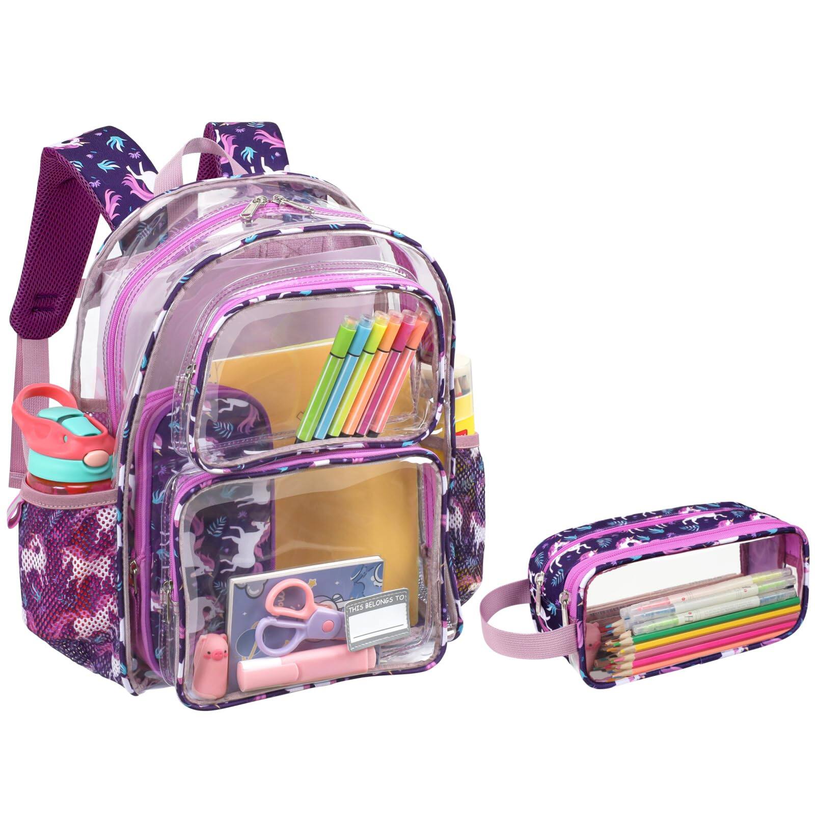 Front. Live At Space - 3pcs Clear Backpack For   15 Inch And Lunch Bag Pencil Case Set  Heavy Duty Transparent Bookbag School See Through Aged - 2pcs, B-deep Purple Unicorn-Backpack & Pencil Cas.