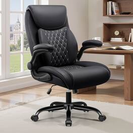 KERDOM - Ergonomic PU Leather Office Chair, Executive Chair with Lumbar Support for Lower Back Pain Relief, Padded Flip-up Arms - Black