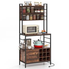Gymax - 67'' Bakers Rack w/ Power Outlet Coffee Bar Cabinet w/ S-Shaped Hooks - Rustic Brown