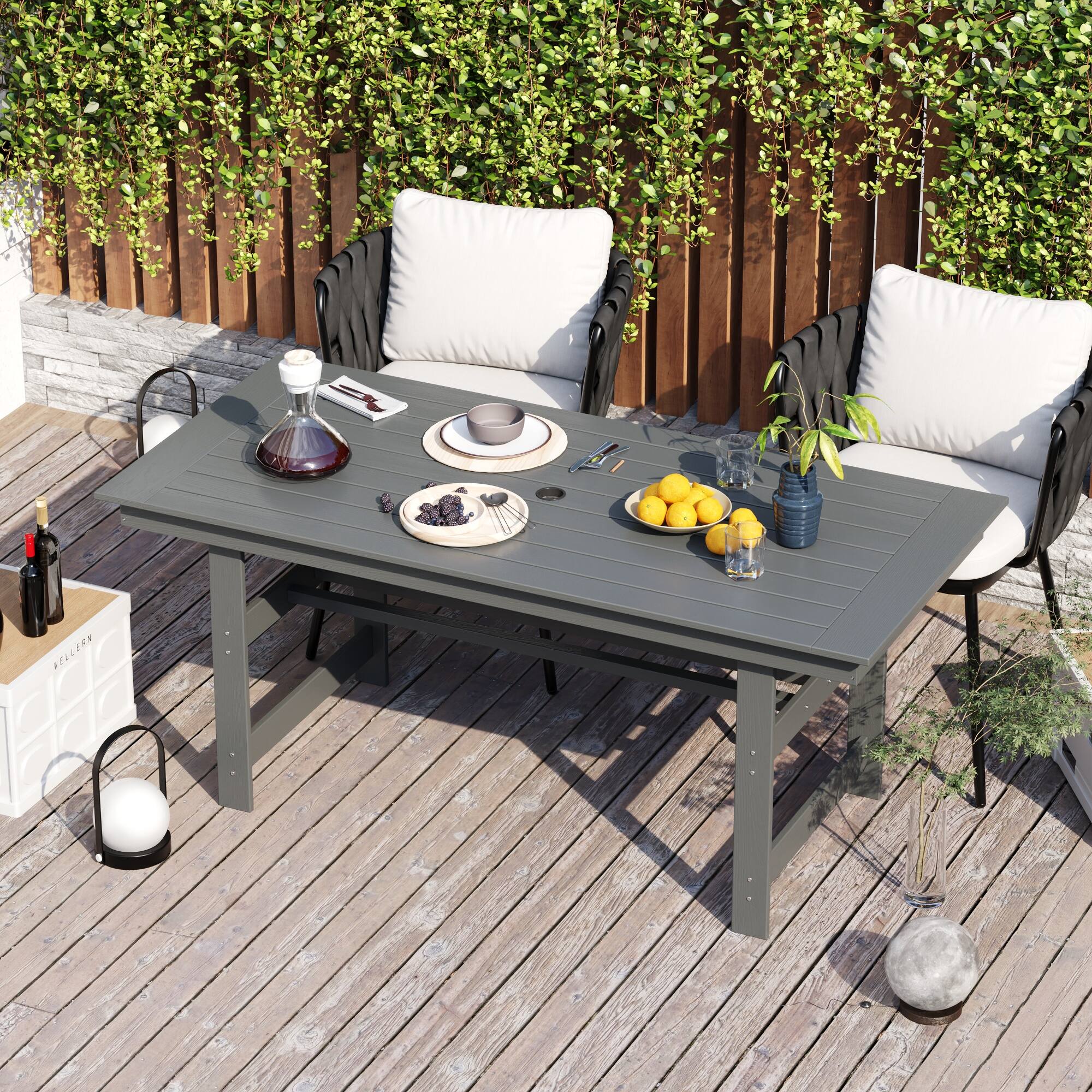 Left. Famapy - HDPE Outdoor Dining Table with Umbrella Hole & Cap - Solid Panel Patio Table for Garden, Backyard, Poolside - Gray.