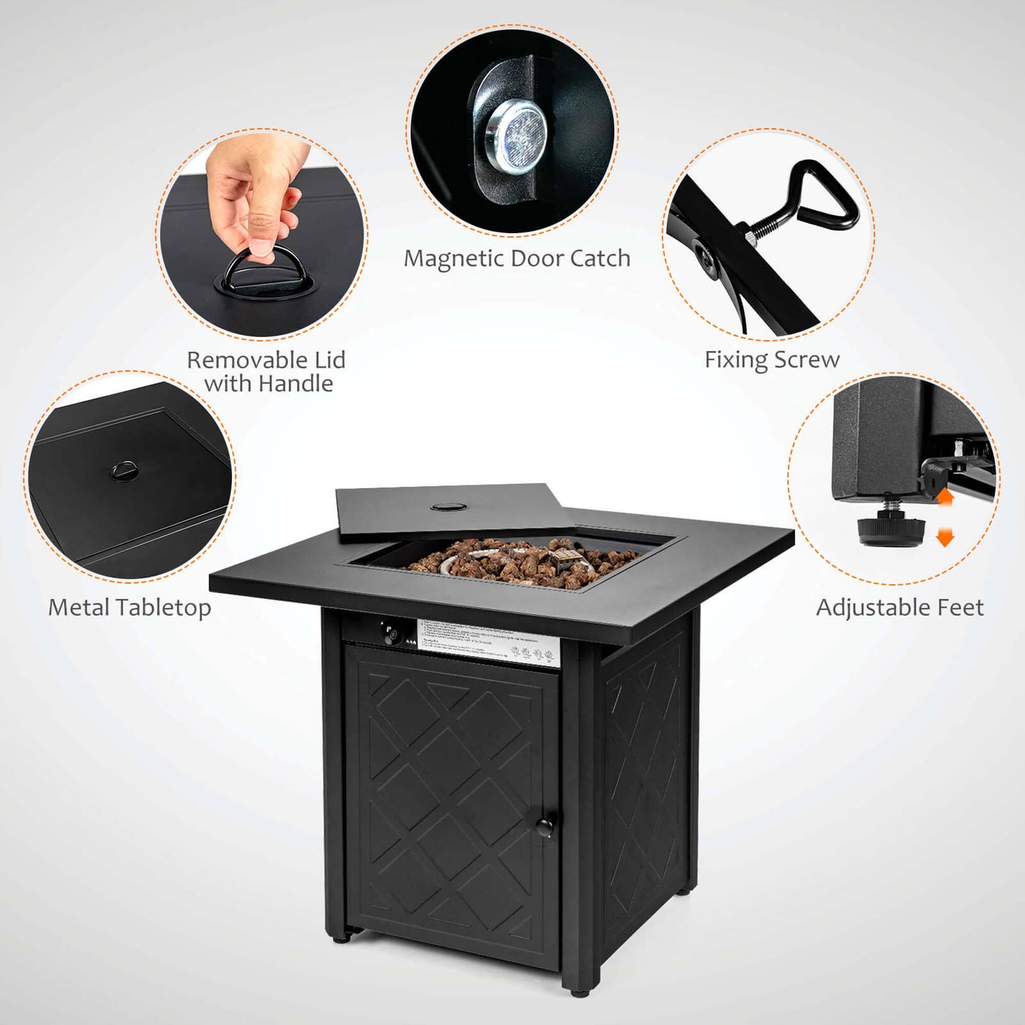 The image shows a small table with a metal tabletop and adjustable feet. It also features a magnetic door catch, a removable lid with a handle, and a fixing screw. The table is designed to be portable and functional, making it a versatile addition to any space.