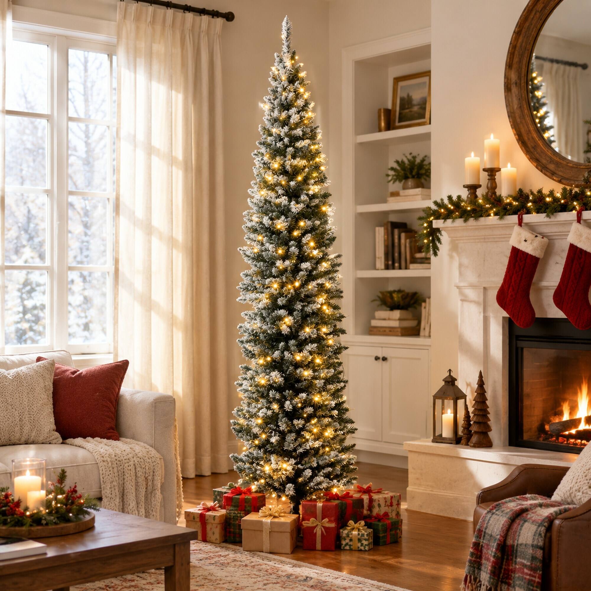 Angle. RYHNUYNE - 8 Ft Pre-Lit Slim Noble Fir Artificial Christmas Tree With 300 Warm White LED Lights, 618 Tips Metal Stand Decor - Green.