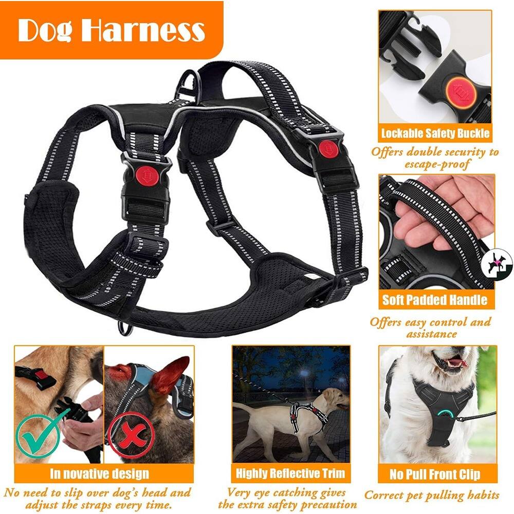 Dog Harness

- Lockable Safety Buckle
  - Offers double security to escape-proof

- Soft Padded Handle
  - Offers easy control and assistance

- In innovative design
  - No need to slip over dog's head and adjust the straps every time.

- Highly Reflective Trim
  - Very eye catching gives the extra safety precaution

- No Pull Front Clip
  - Correct pet pulling habits