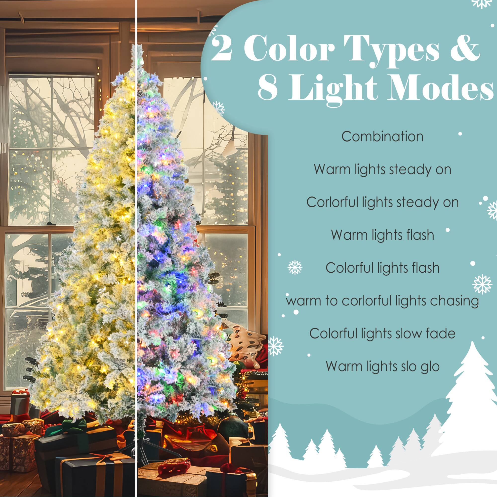 Alt View 1. ELEMENT ACE - 6 Foot Pre-Lit Snow Flocked Christmas Tree Set with Garland and Wreath, Artificial Hinged Tree with Colorful LED Lights - White+Green.