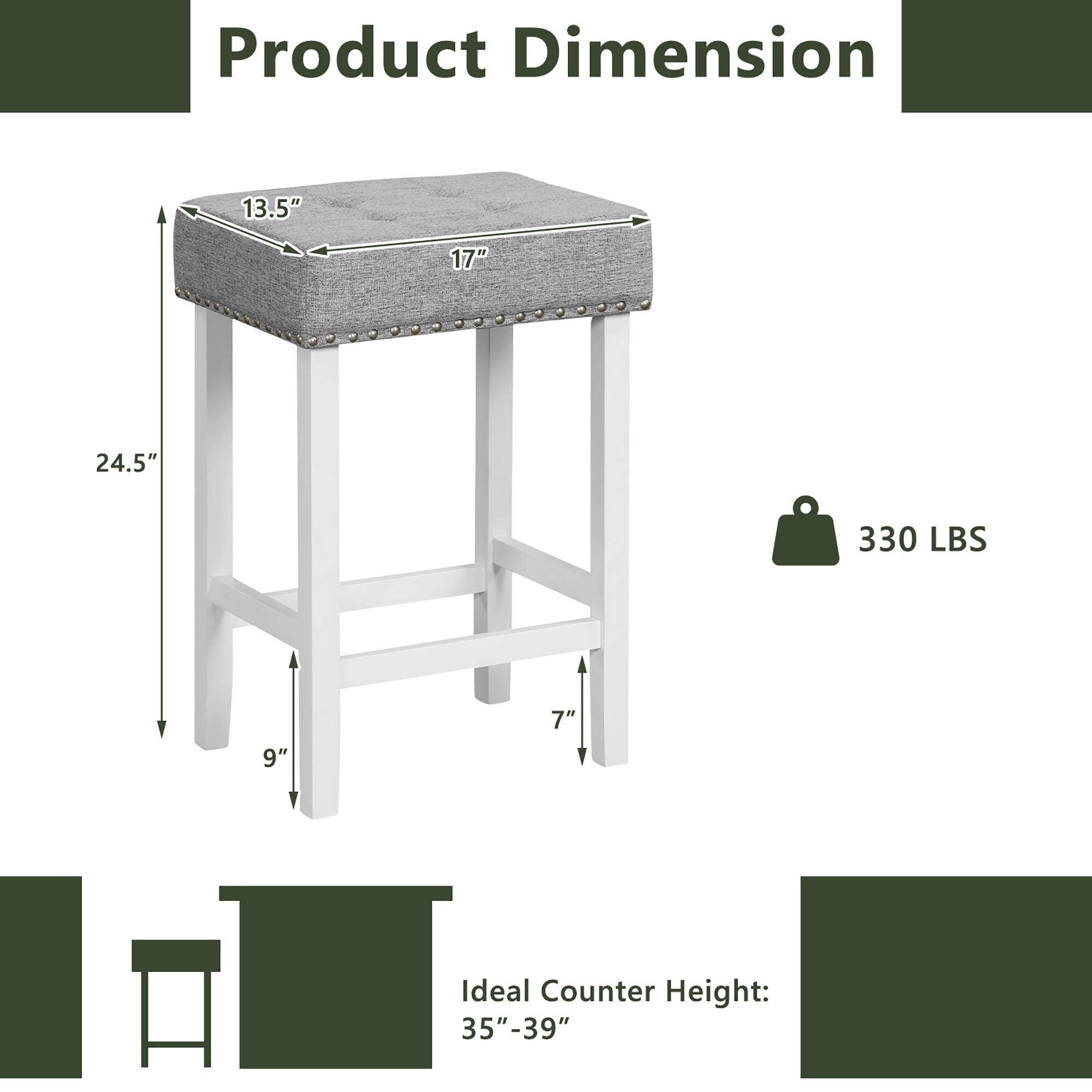 Product Dimension: 13.5" x 17" x 24.5" with a weight of 330 lbs. The ideal counter height is 35"-39".