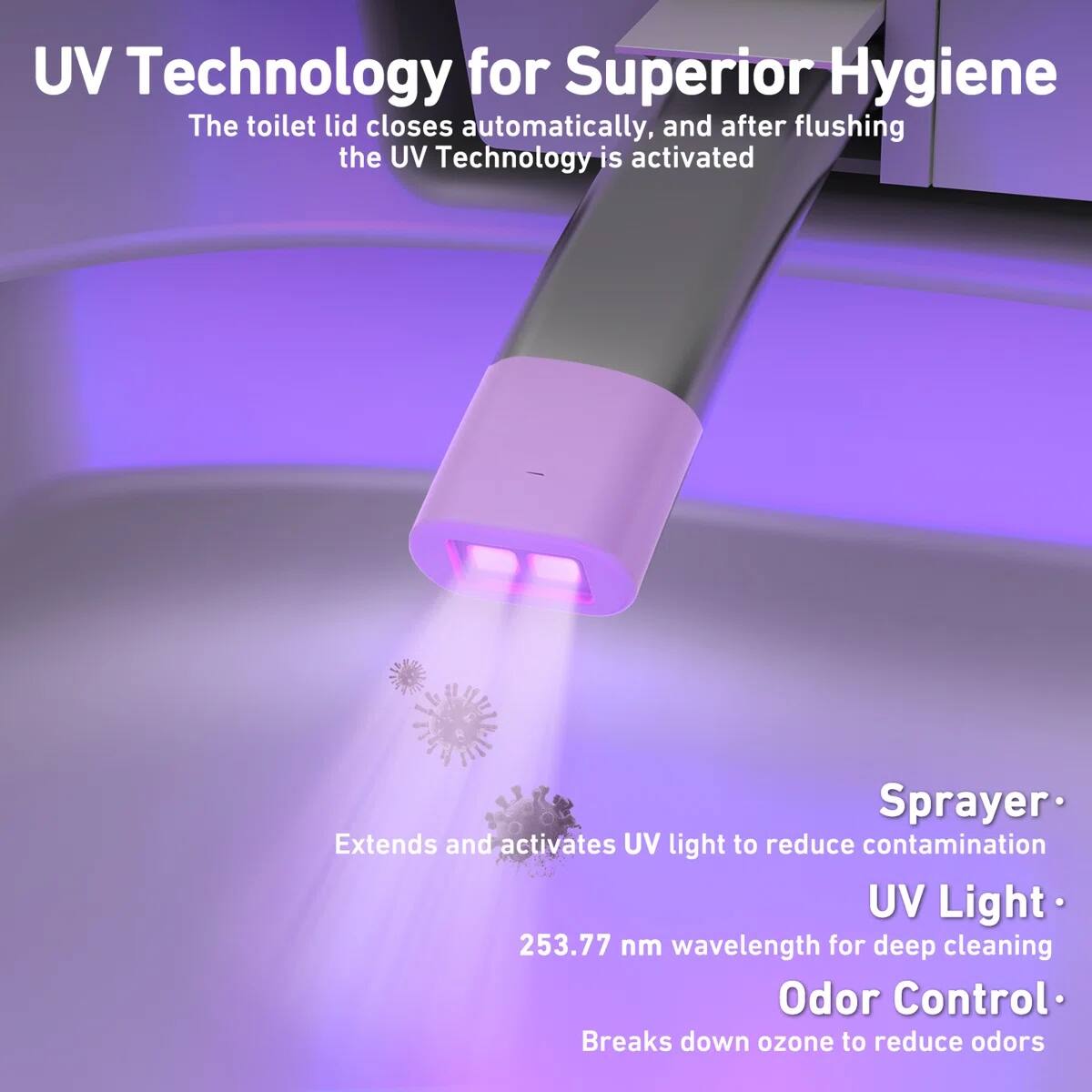 UV Technology for Superior Hygiene

The toilet lid closes automatically, and after flushing, the UV Technology is activated.

- Sprayer: Extends and activates UV light to reduce contamination
- UV Light: 253.77 nm wavelength for deep cleaning
- Odor Control: Breaks down ozone to reduce odors