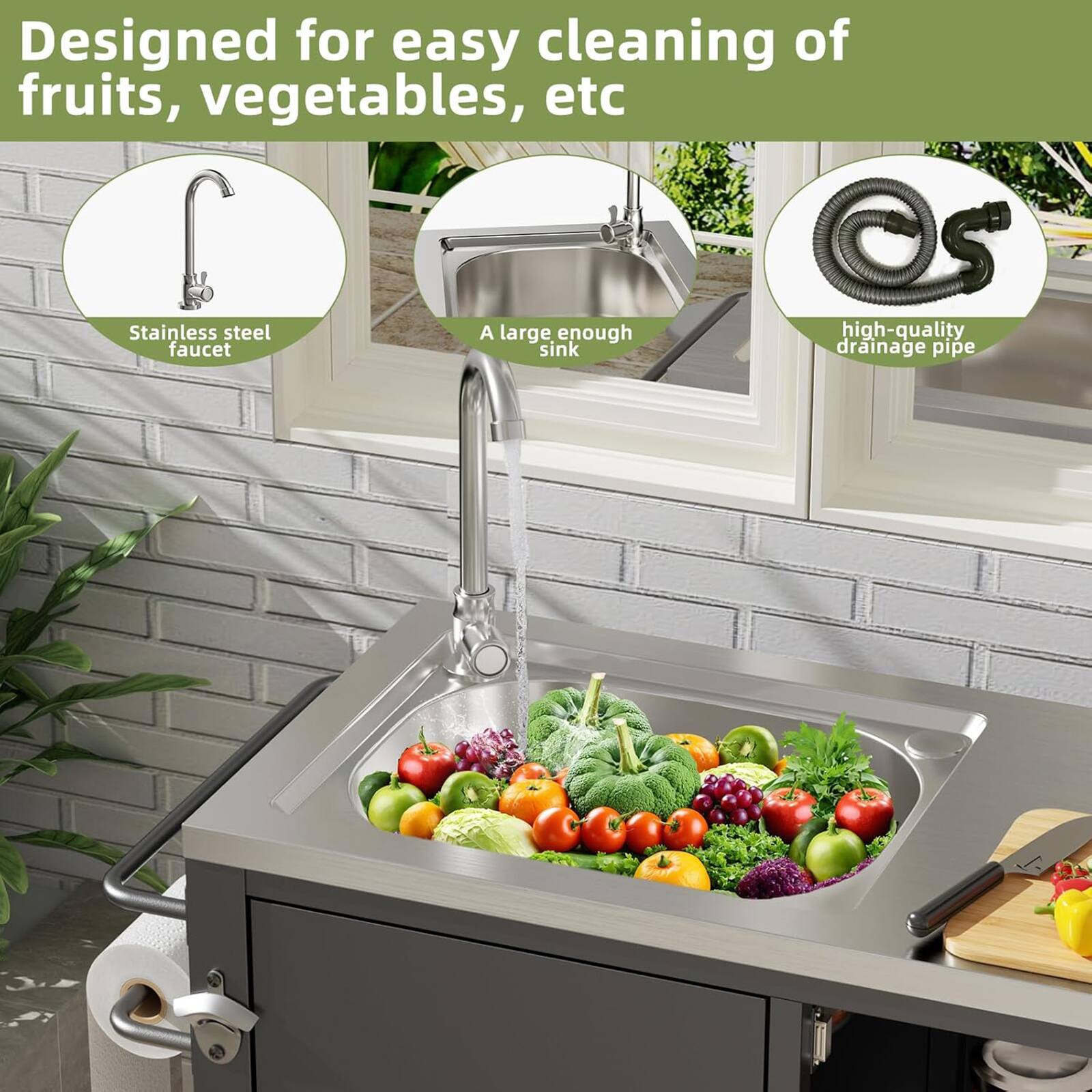 Designed for easy cleaning of fruits, vegetables, etc

- Stainless steel faucet
- A large enough sink
- High-quality drainage pipe