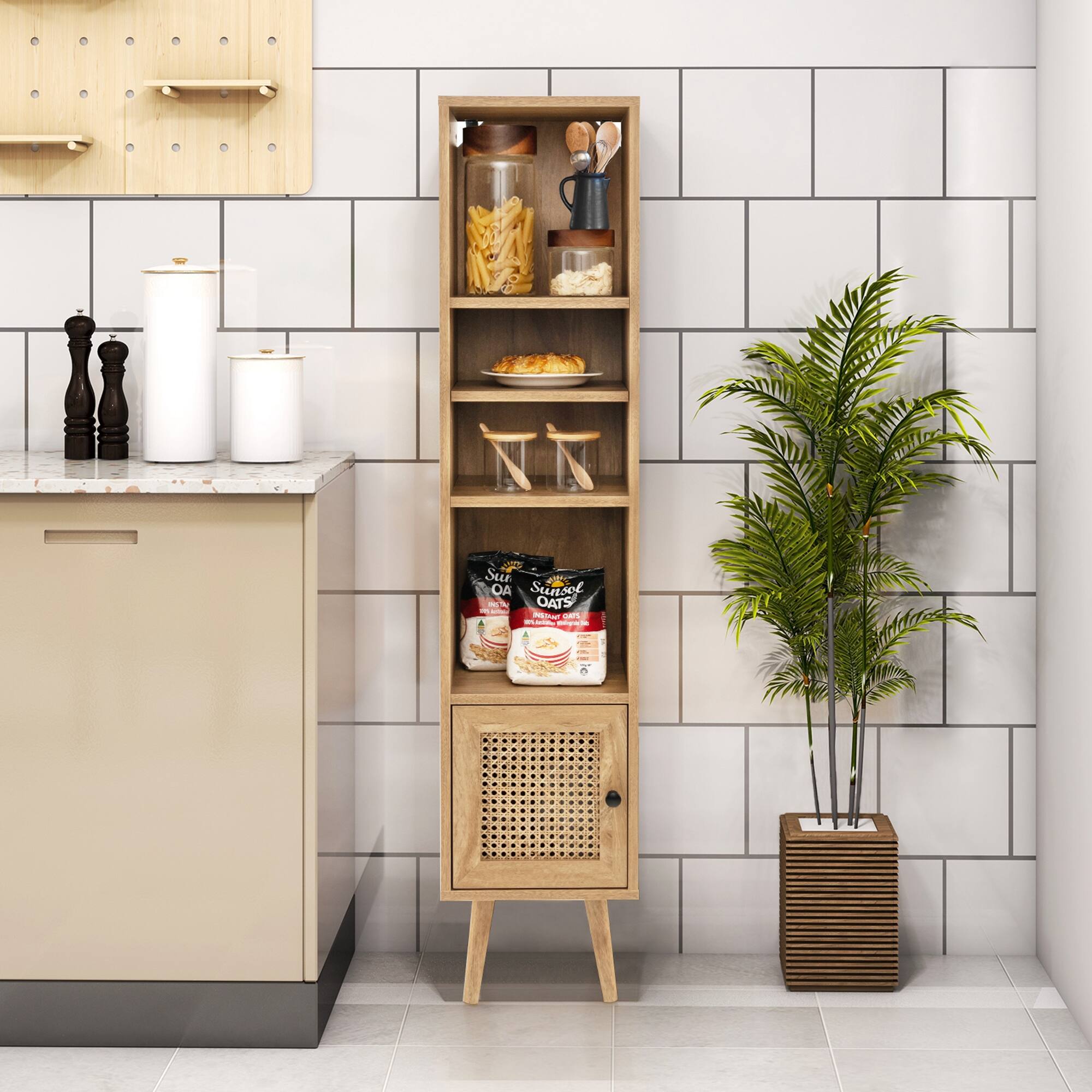 The image features a kitchen with a wooden shelf on the wall. The shelf is filled with various food items, including a bag of oats, a bag of chips, and a loaf of bread. There is also a potted plant in the kitchen, adding a touch of greenery to the space. The kitchen appears to be well-stocked and organized, with the shelf providing easy access to the stored items.