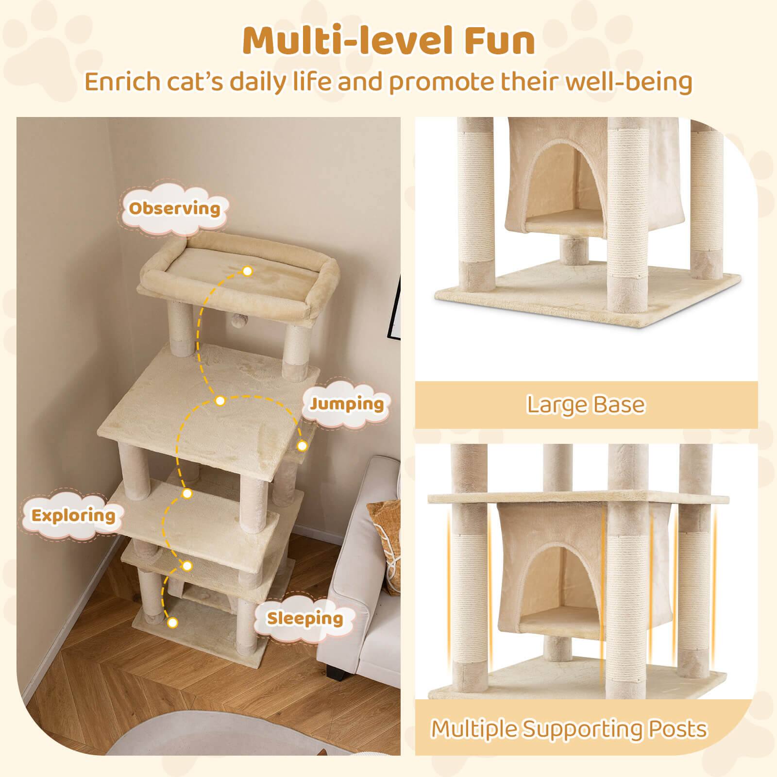 Multi-level Fun  
Enrich cat's daily life and promote their well-being  

- Observing  
- Jumping  
- Exploring  
- Sleeping  

Large Base  
Multiple Supporting Posts