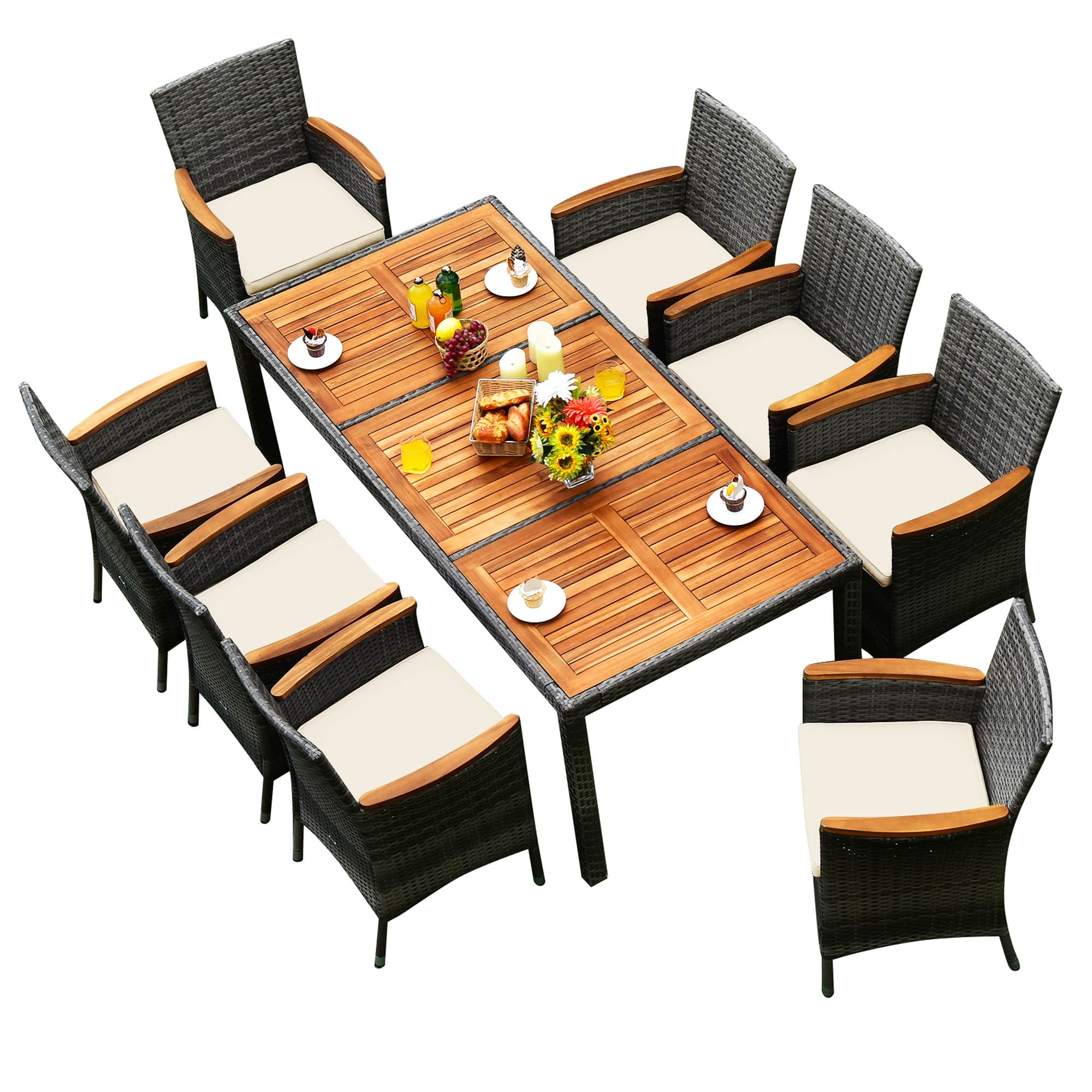 Costway - 9PCS Patio Rattan Dining Set Mix Acacia Wood Table Cushioned Chair - Gray