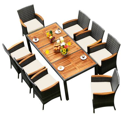 Front. Costway - Costway 9PCS Patio Rattan Dining Set Mix Gray Acacia Wood Table Cushioned Chair - Gray.