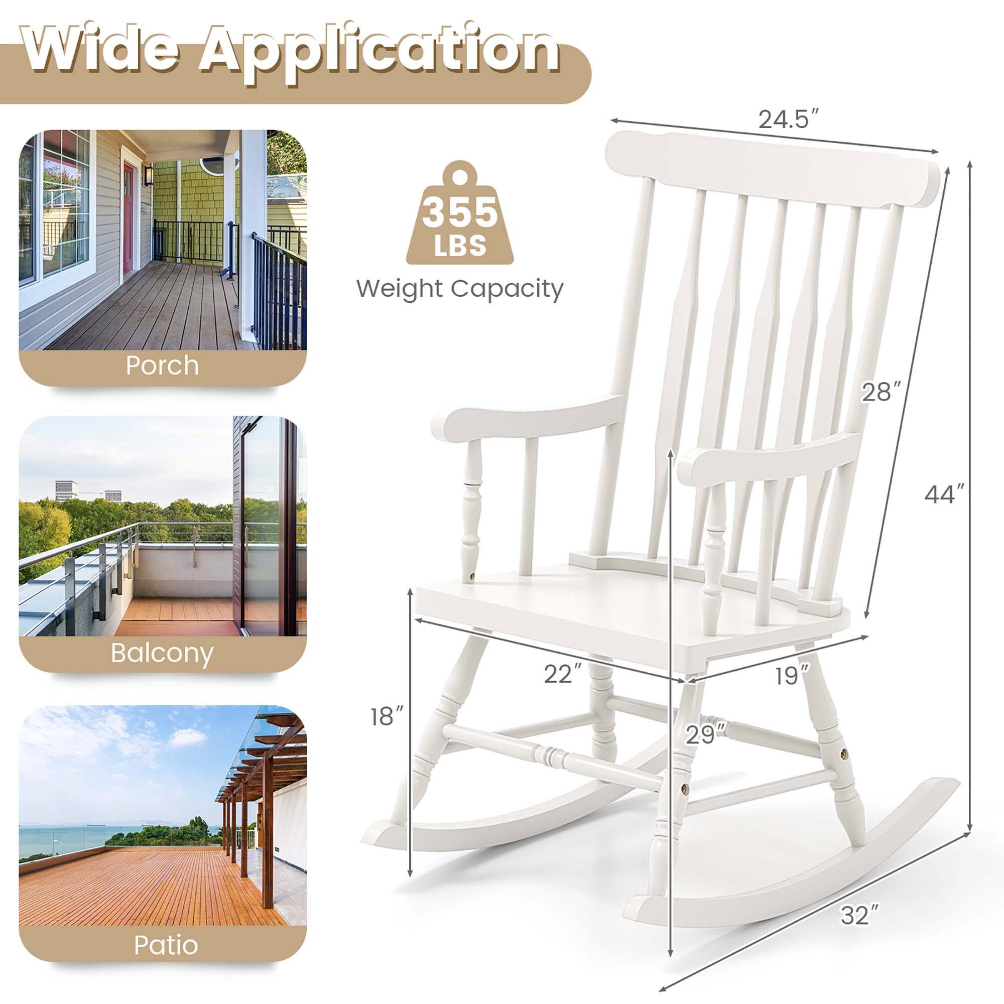 Wide Application  
355 LBS Weight Capacity  

Porch  
Balcony  
Patio  

Dimensions:  
24.5" (Width)  
28" (Height)  
44" (Depth)  
18" (Seat Height)  
22" (Seat Width)  
19" (Seat Depth)  
29" (Leg Width)  
32" (Leg Height)