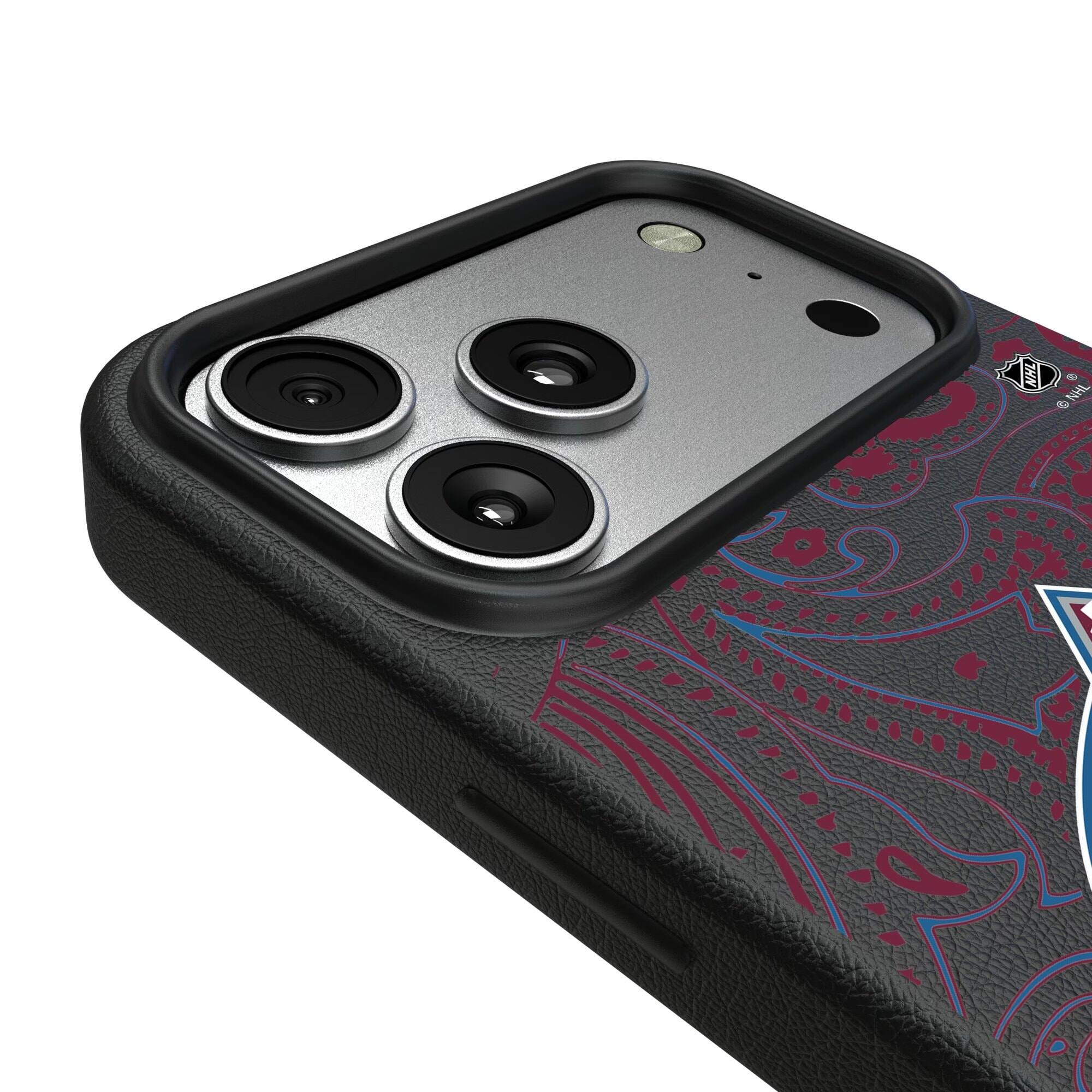 Alt View 2. Keyscaper - Black Colorado Avalanche Paisley iPhone Magnetic Bump Case - 15 Plus - Black.