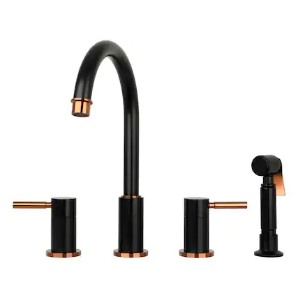 Front. Akicon - Akicon Solid Brass Double-Handle 360° Swivel Widespread Kitchen Faucet with Side Sprayer in Matte Black & Rose Gold - Matte Black & Rose Gold.