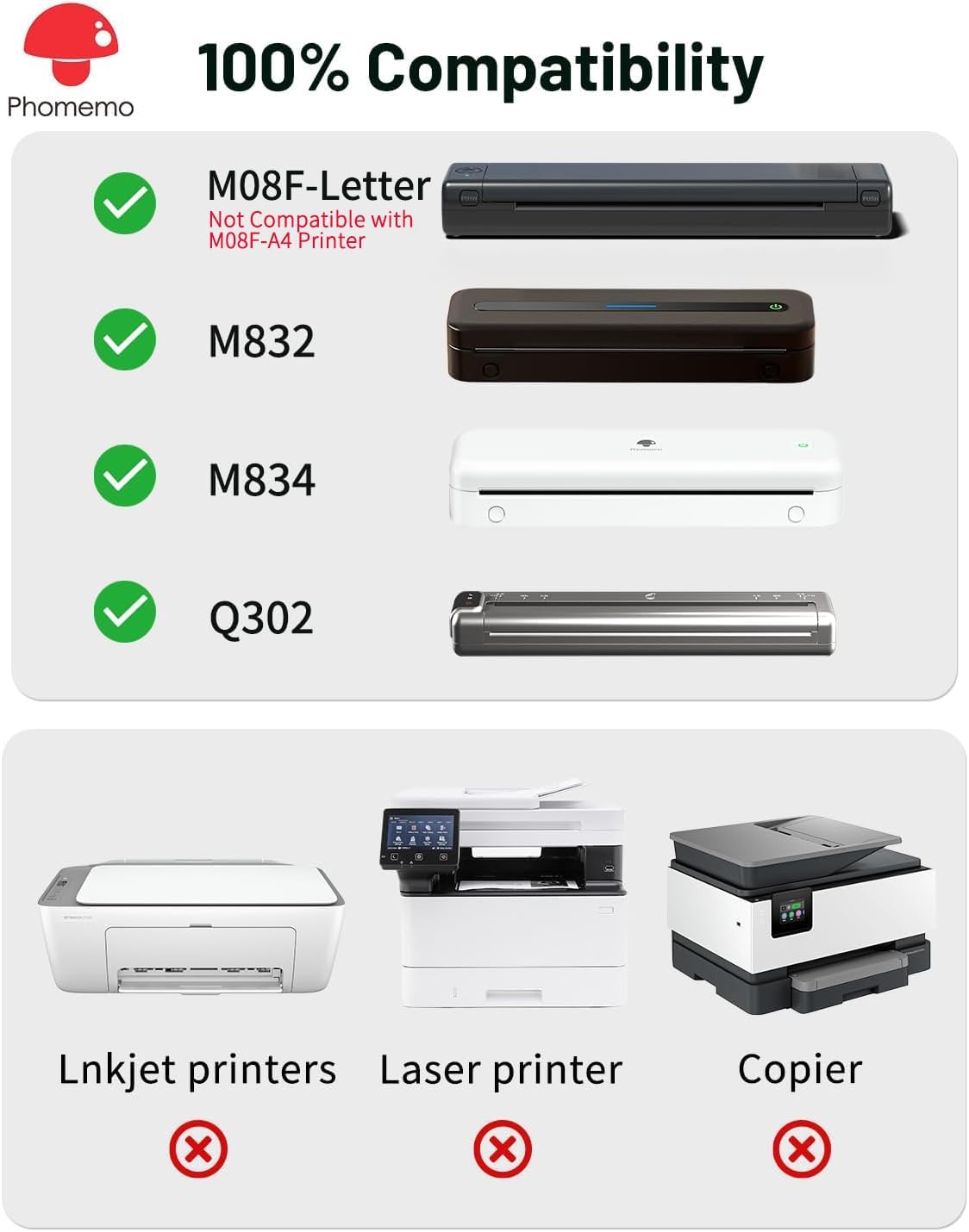 100% Compatibility

Phomemo

- M08F-Letter  
  Not Compatible with M08F-A4 Printer

- M832

- M834

- Q302

Lnkjet printers  
Laser printer  
Copier