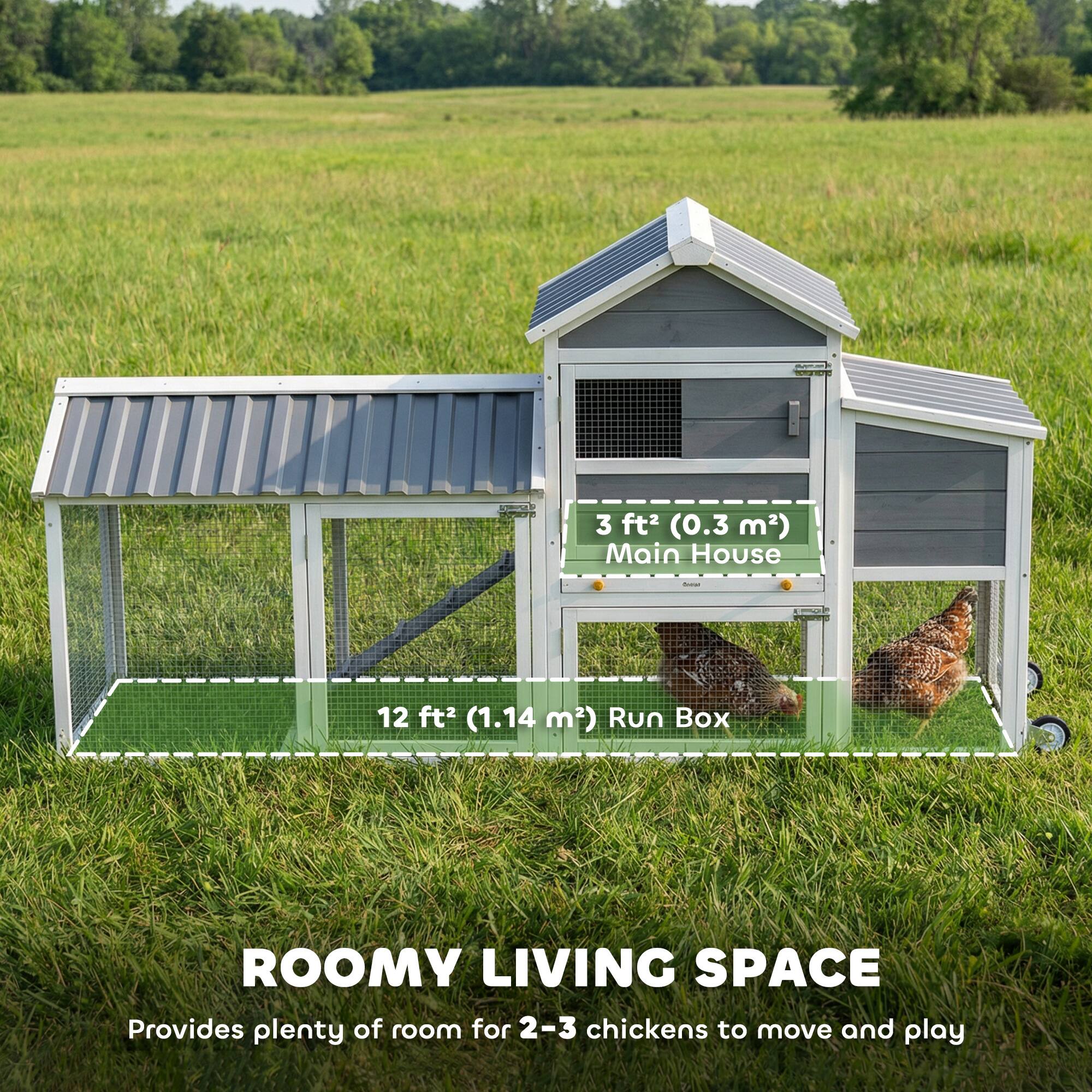 3 ft² (0.3 m²) Main House  
12 ft² (1.14 m²) Run Box  

ROOMY LIVING SPACE  
Provides plenty of room for 2-3 chickens to move and play