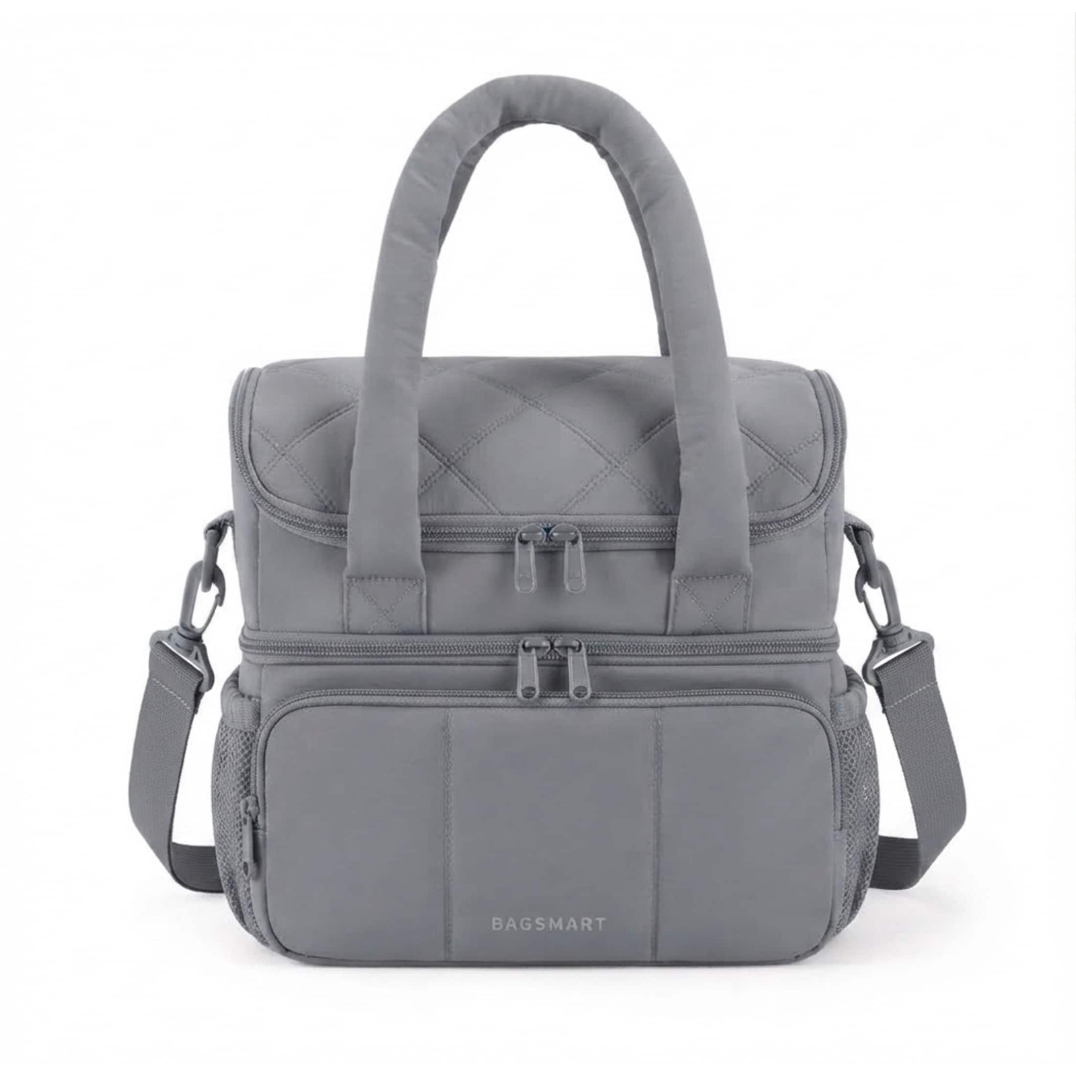 Bagsmart - Double Deck Insulated Lunch Bag, 11.8L Quilted Thermal Tote with Leakproof Compartments & Shoulder Strap - Gray