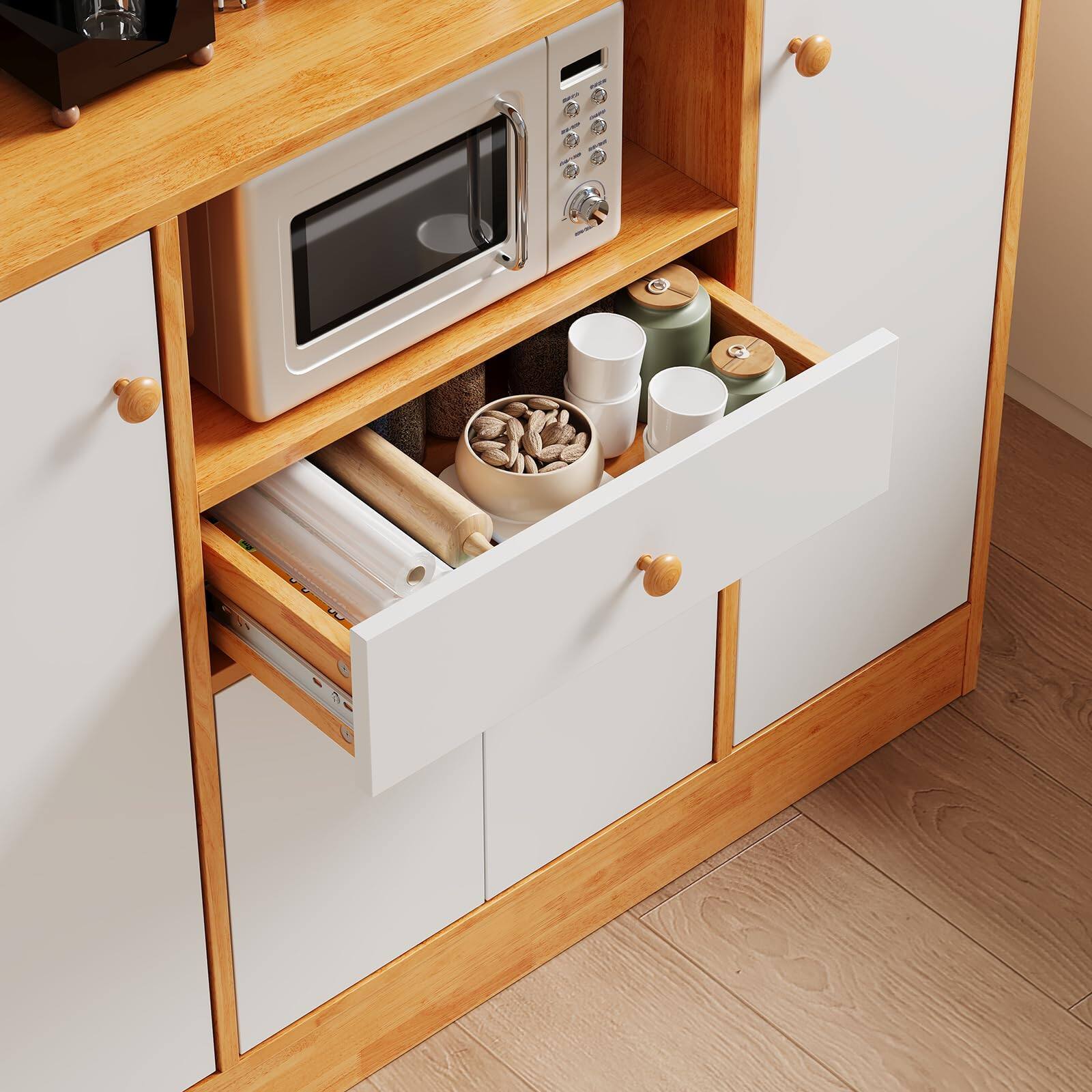 Alt View 1. Qeetex - Wooden Sideboard Buffet Cabinet with Storage, Adjustable Shelves, Drawers & Coffee Bar Station - Brown+white.