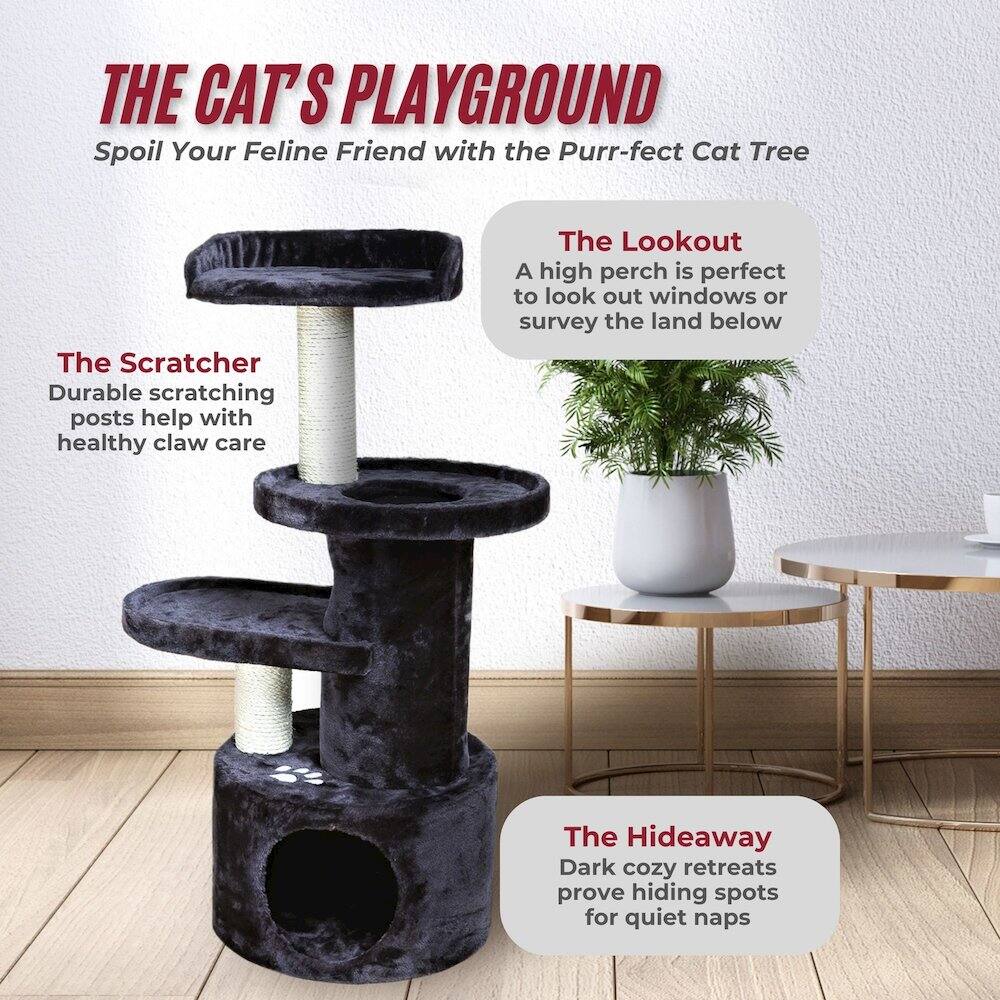 **THE CAT'S PLAYGROUND**  
Spoil Your Feline Friend with the Purr-fect Cat Tree

- **The Scratcher**  
  Durable scratching posts help with healthy claw care

- **The Lookout**  
  A high perch is perfect to look out windows or survey the land below

- **The Hideaway**  
  Dark cozy retreats prove hiding spots for quiet naps