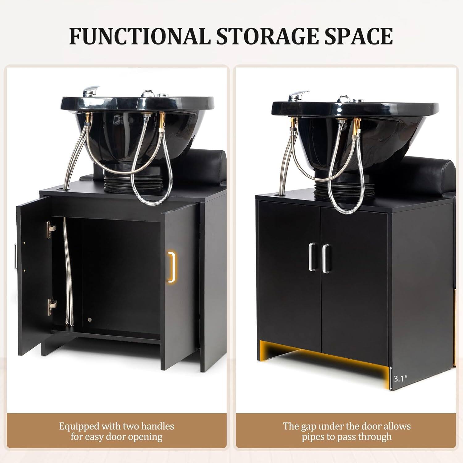 FUNCTIONAL STORAGE SPACE

3.1" Equipped with two handles for easy door opening

The gap under the door allows pipes to pass through