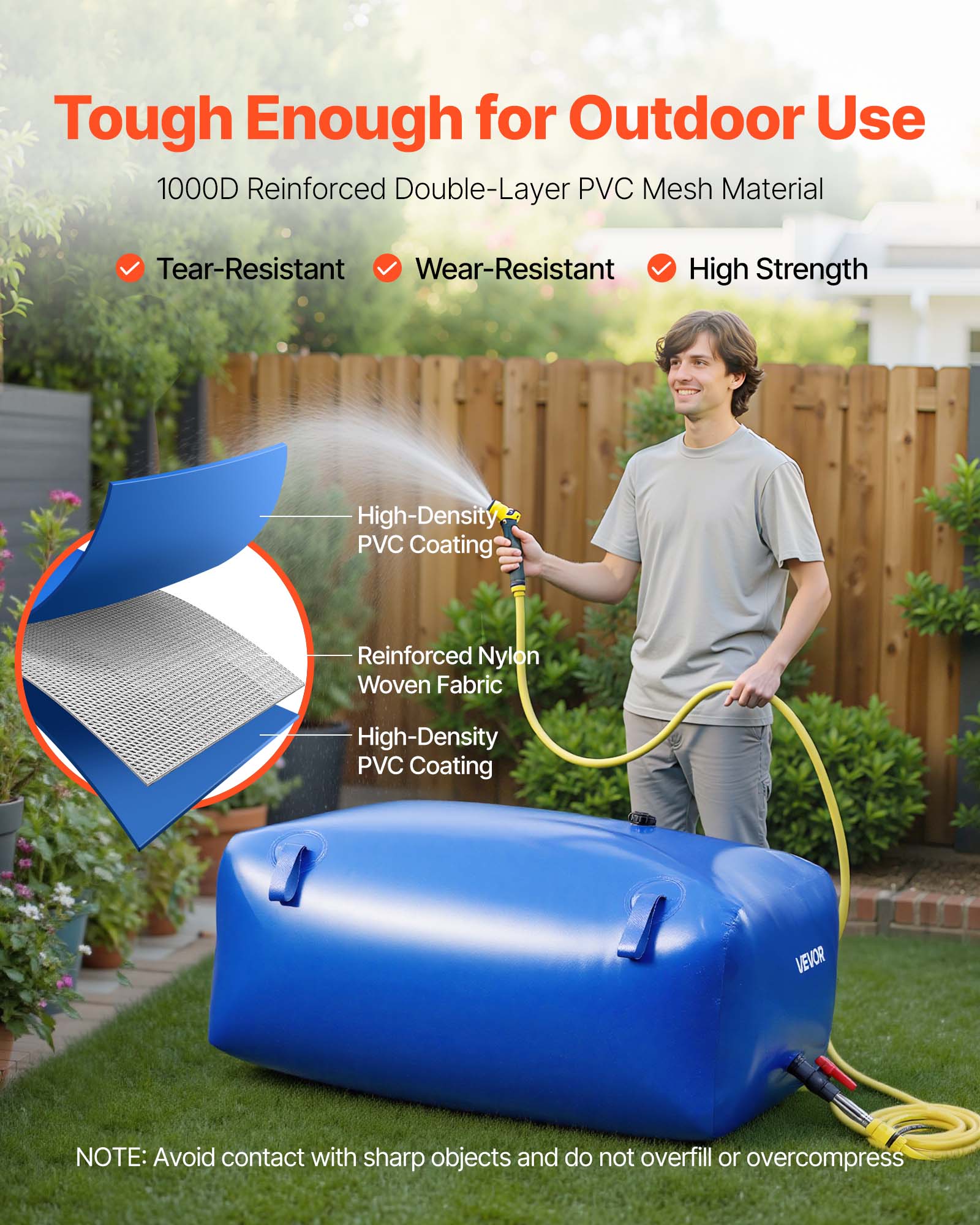 Tough Enough for Outdoor Use  
1000D Reinforced Double-Layer PVC Mesh Material  
- Tear-Resistant  
- Wear-Resistant  
- High Strength  

High-Density PVC Coating  
Reinforced Nylon Woven Fabric  
High-Density PVC Coating  

NOTE: Avoid contact with sharp objects and do not overfill or overcompress